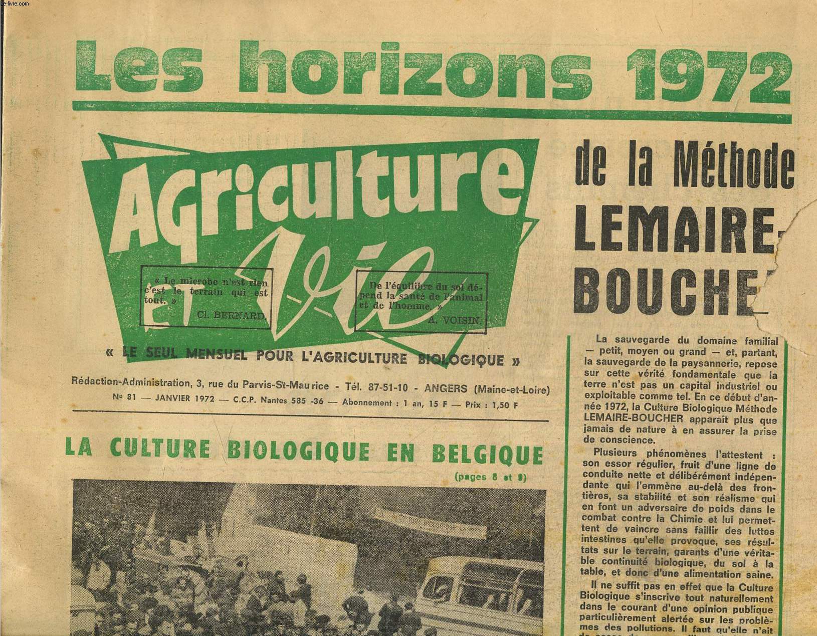 Agriculture et vie N81, janvier 1972. Les horizons 1972, de la mthode Lemaire Boucher.