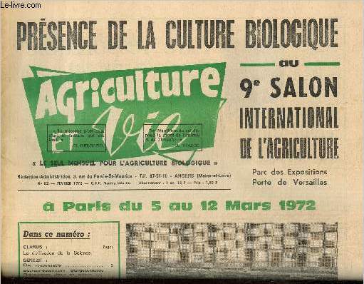 Agriculture et vie N82, fvrier 1972: Prsence de la culture biologique au 9e salon international de l'agriculture.