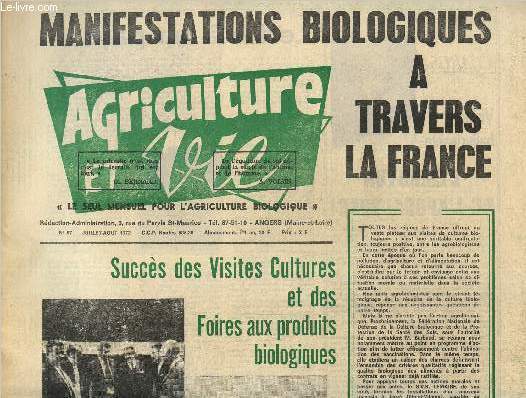 Agriculture et vie N87, juillet aout 1972: manifestations biologiques a travers la France.