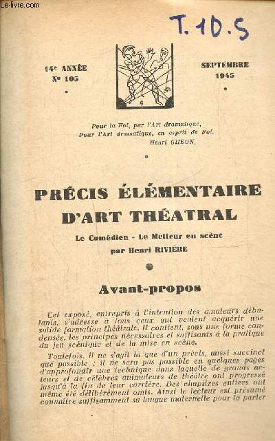 Jeux, trteaux et personnages, 14e anne, n105 (septembre 1945) : Prcis lmentaire d'art thtral
