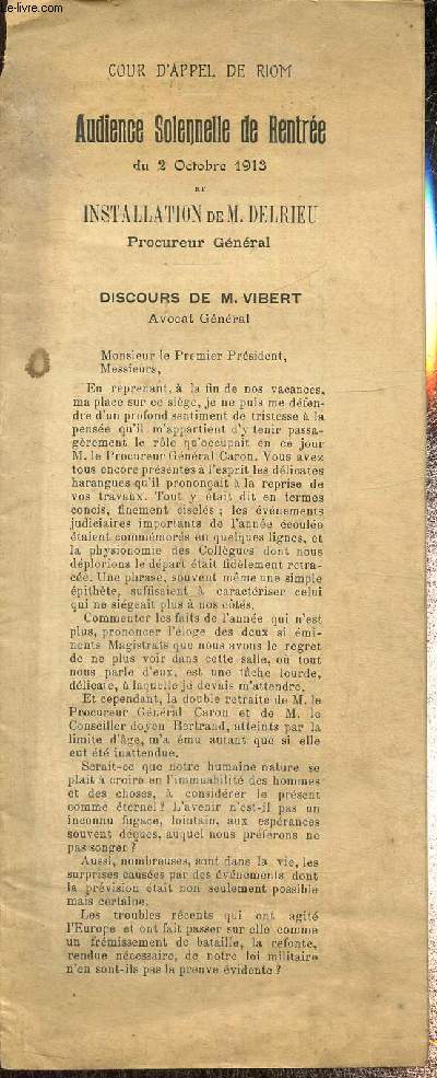 Audience solennelle de rentre du 2 octobre 1913 - Installation de M. Delrieu procureur gnral
