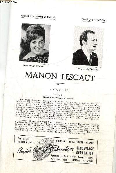 Grand-Thtre, programme officiel - Saison 1970-71, du 19 au 21 mars 1971 : Manon Lescaut