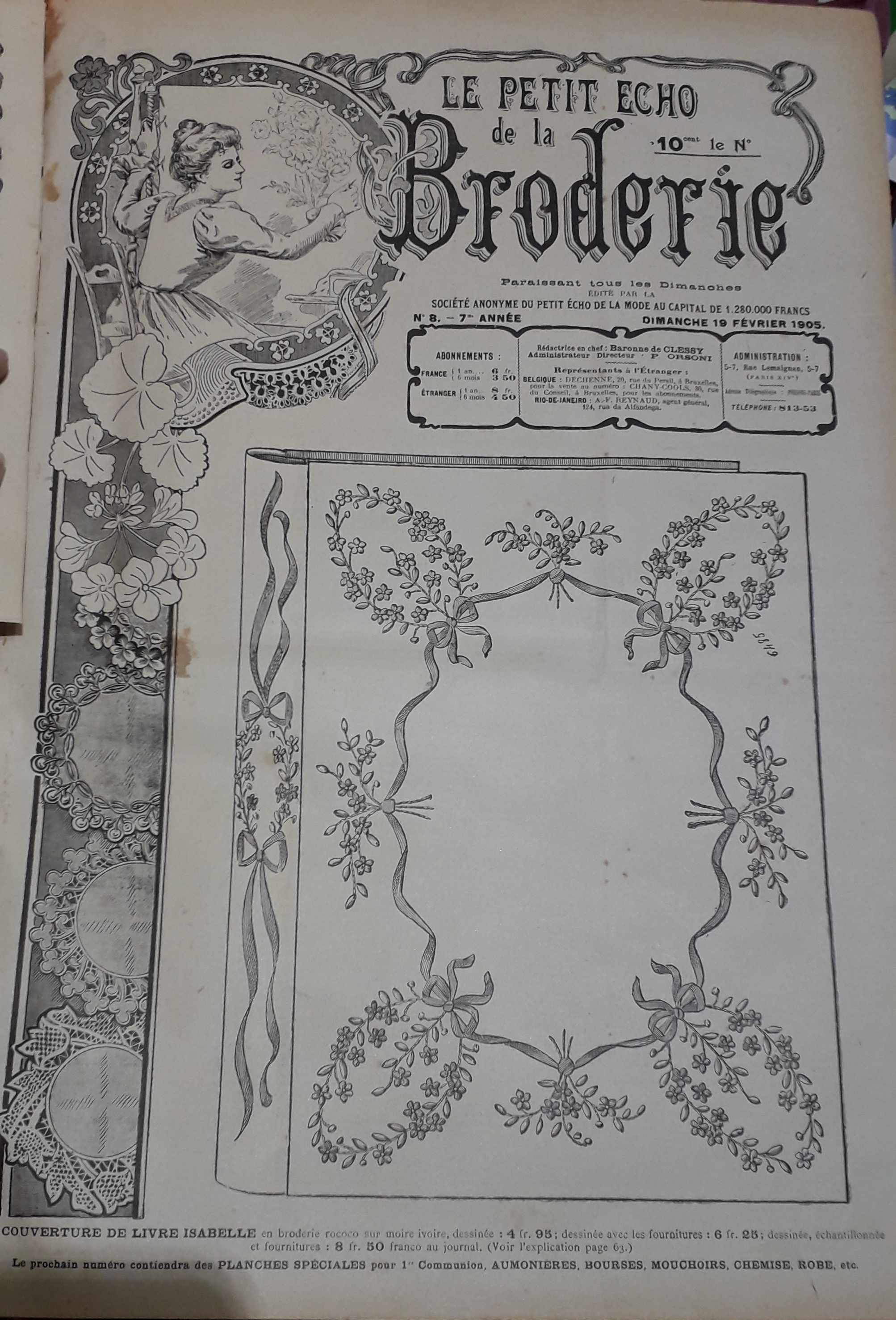 Le Petit Echo de la Broderie, 7e anne, n8 (19 fvrier 1905) : Couverture de livre en broderie rococo / Dessus de clavier / Col / Motifs en venise / Empicement de chemise /...