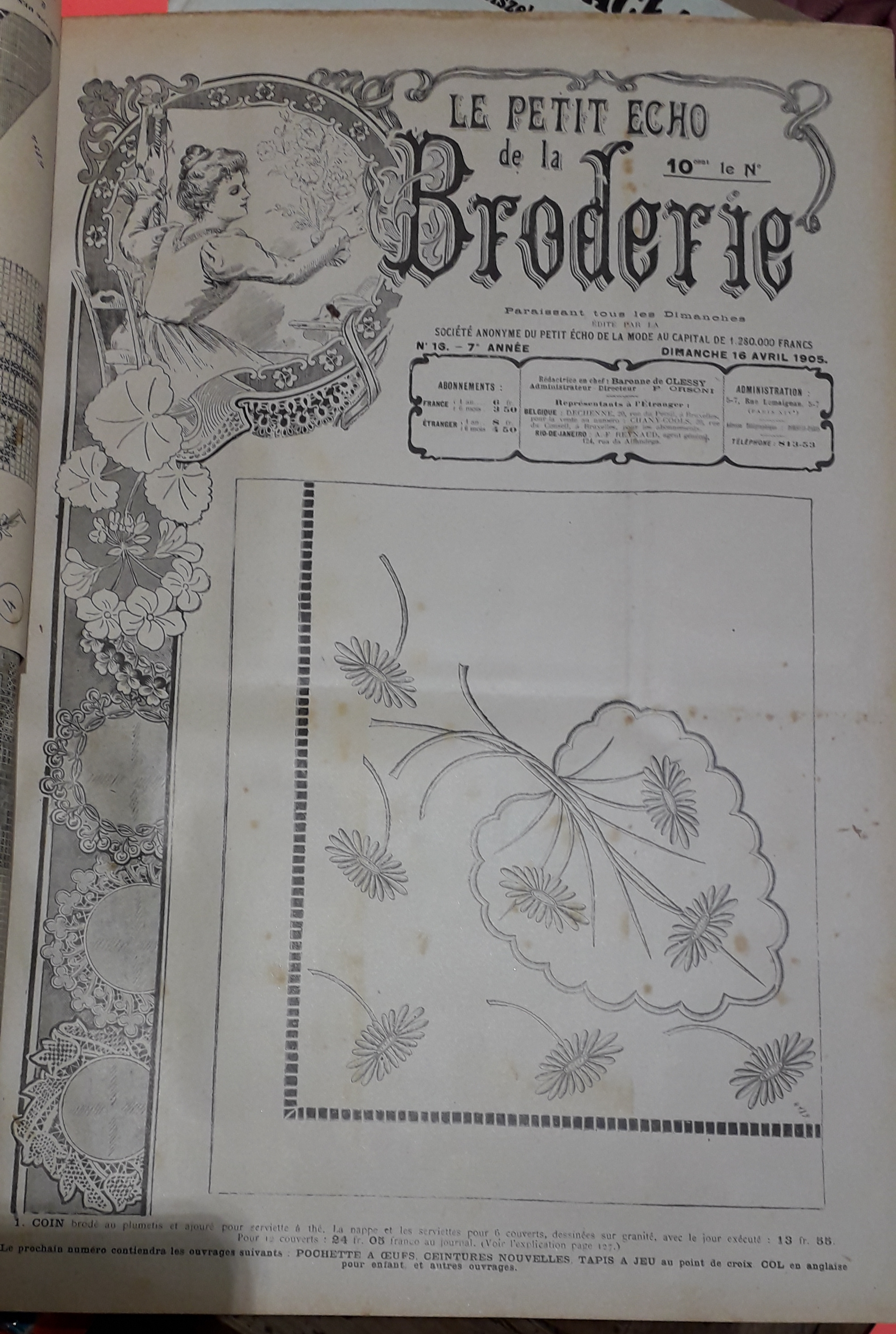 Le Petit Echo de la Broderie, 7e anne, n16 (16 avril 1905) : Serviette  th / Chemise et pantalon / Col en anglaise pour enfant / Raviers /...