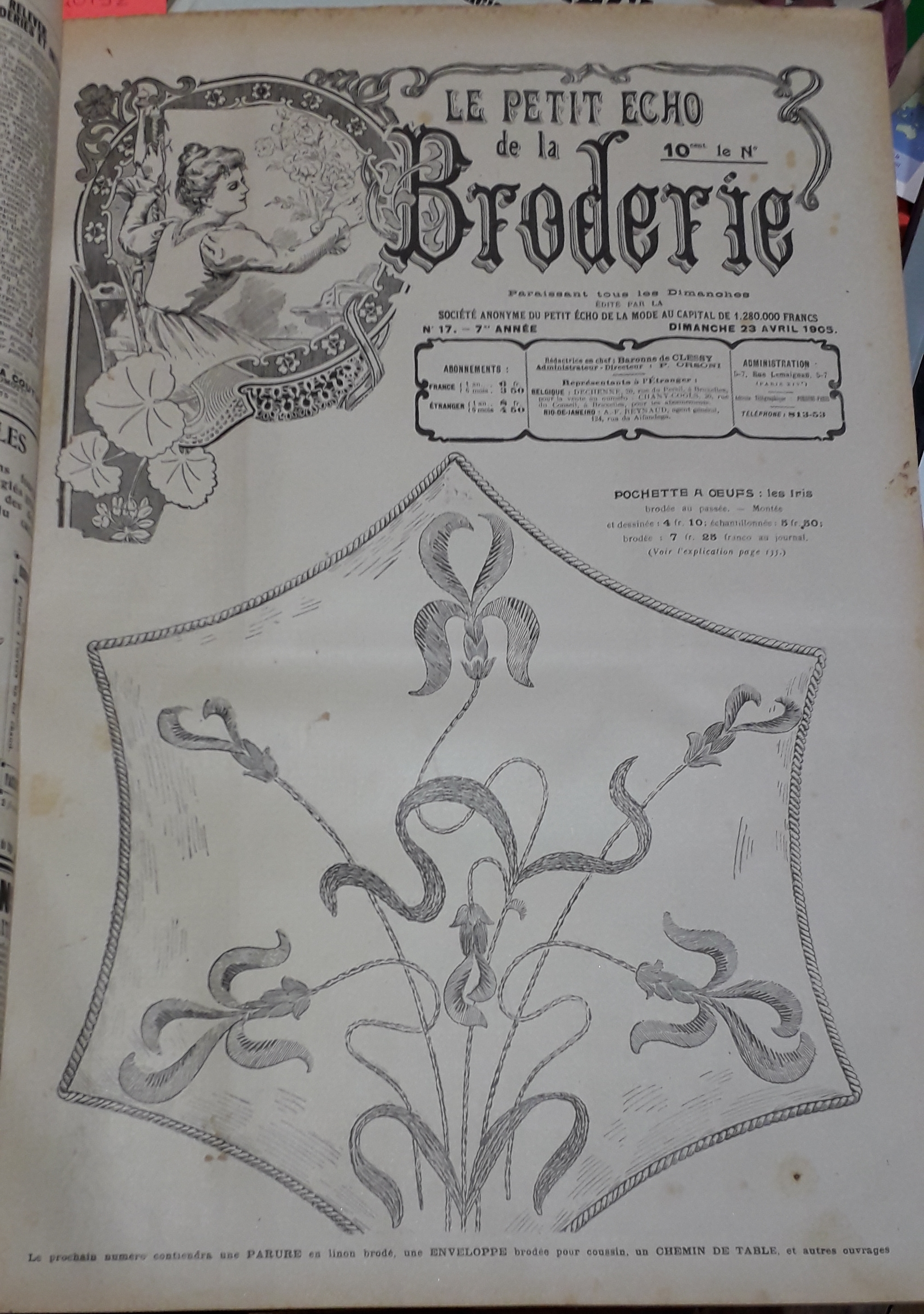 Le Petit Echo de la Broderie, 7e anne, n17 (23 avril 1905) : Pochette  oeufs / Ceintures nouvelles / Tapis  jeux au point de croix / Col en anglaise pour enfant /...