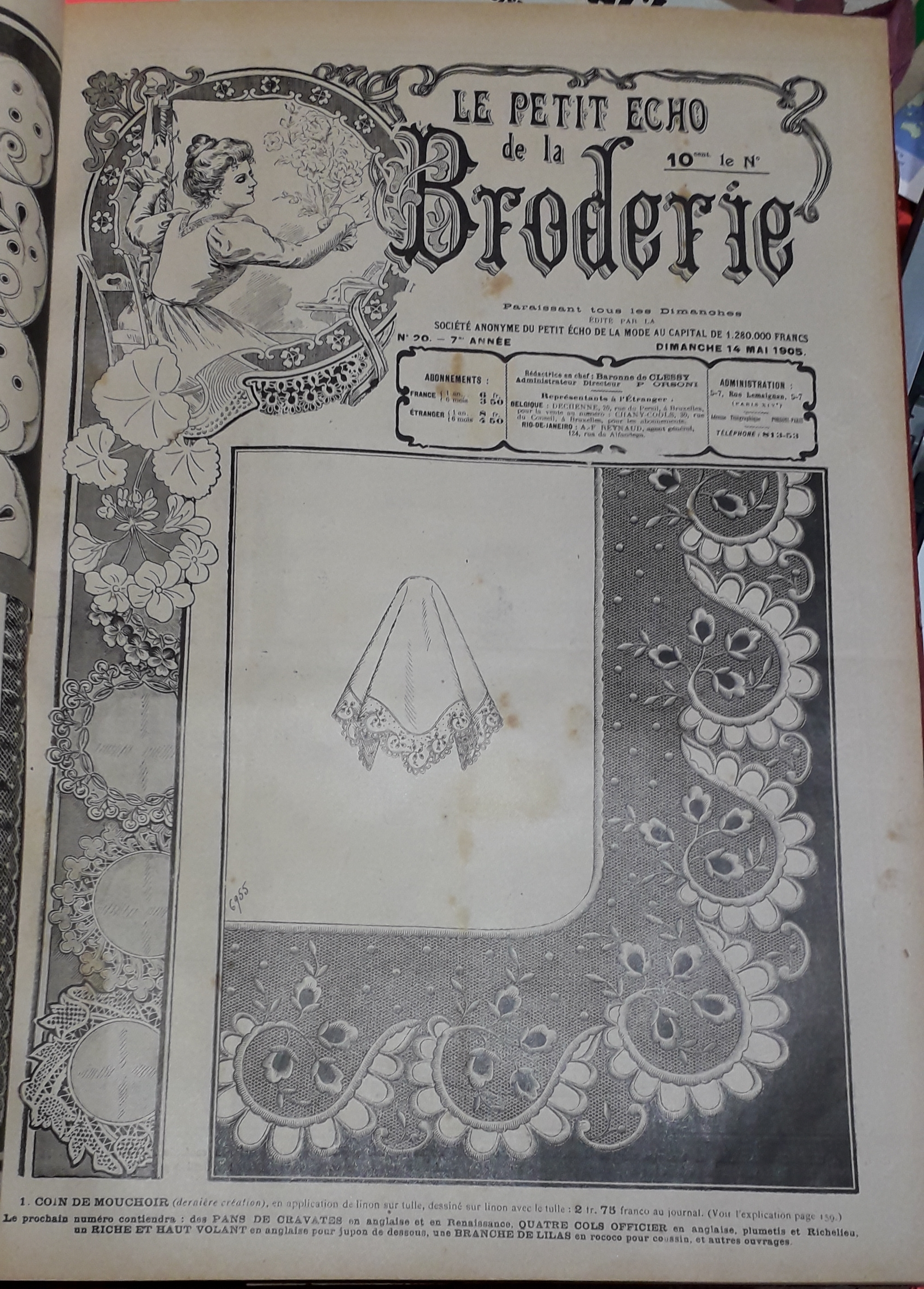 Le Petit Echo de la Broderie, 7e anne, n20 (14 mai 1905) : Mouchoir application sur tulle / Col en anglaise pour fillette / Robes en anglaise /...