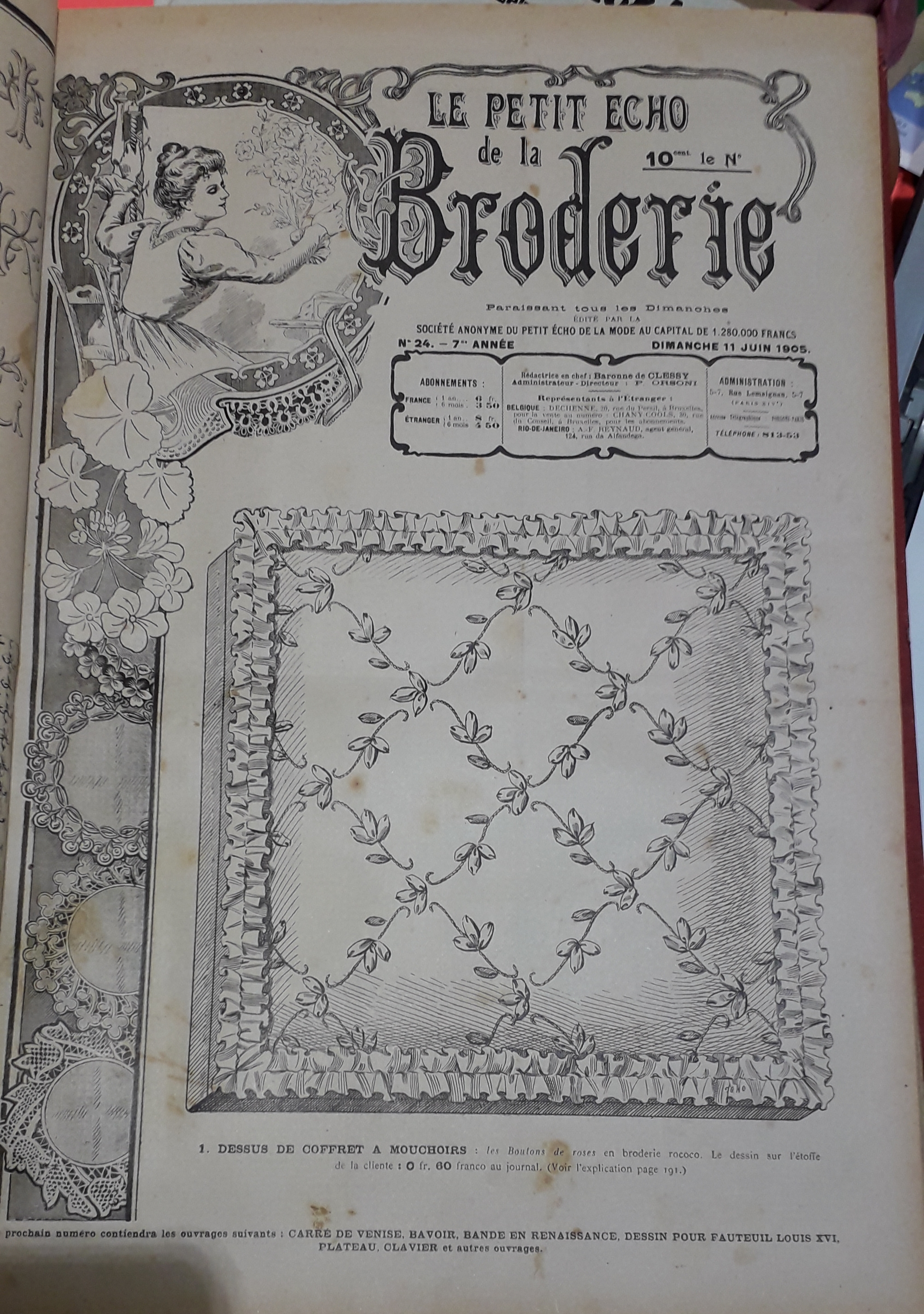 Le Petit Echo de la Broderie, 7e anne, n24 (11 juin 1905) : Dessus de coffret  mouchoirs / Pans de cravates / Cols officiers / Pelotes / Taies d'oreiller / Mouchoirs /...