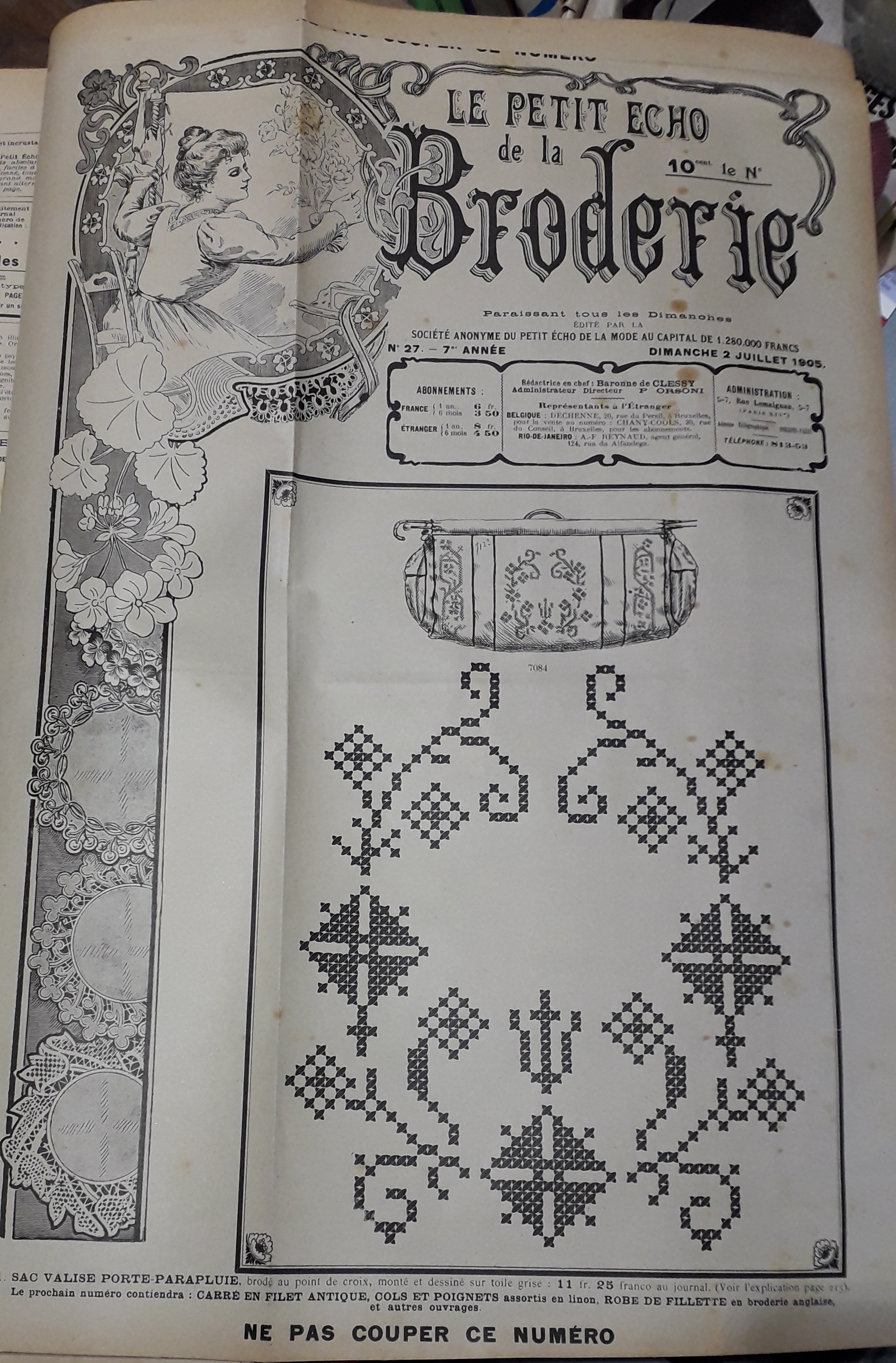 Le Petit Echo de la Broderie, 7e anne, n27 (2 juillet 1905) : Sacs de voyage et porte-parapluie / Etuis  serviette / Carrs en anglaise et en Venise /...