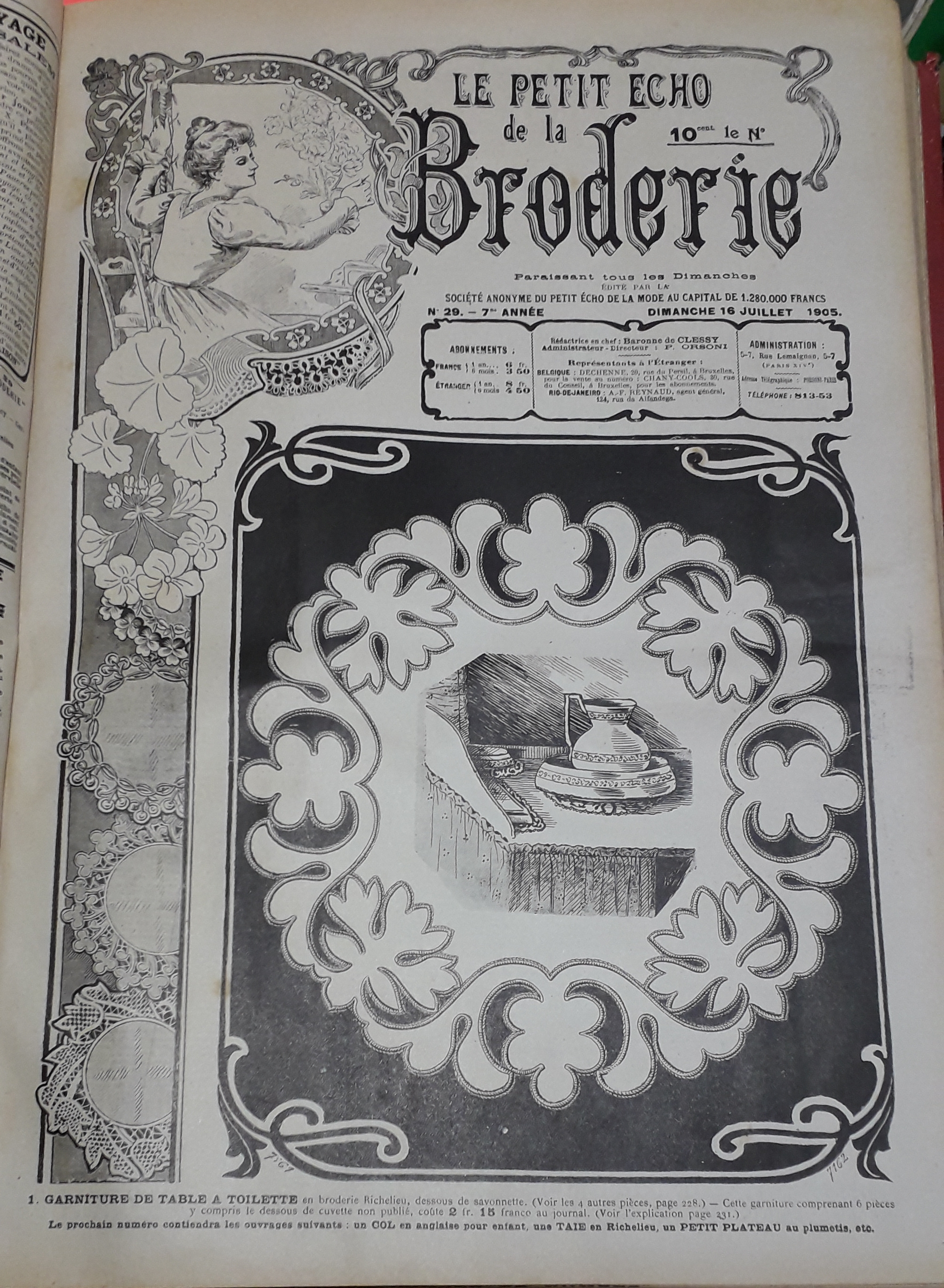 Le Petit Echo de la Broderie, 7e anne, n29 (16 juillet 1905) : Garniture de toilette en broderie Richelieu / Dessus de piano au plumetis / Motifs au point de croix pour tabliers d'enfant /...