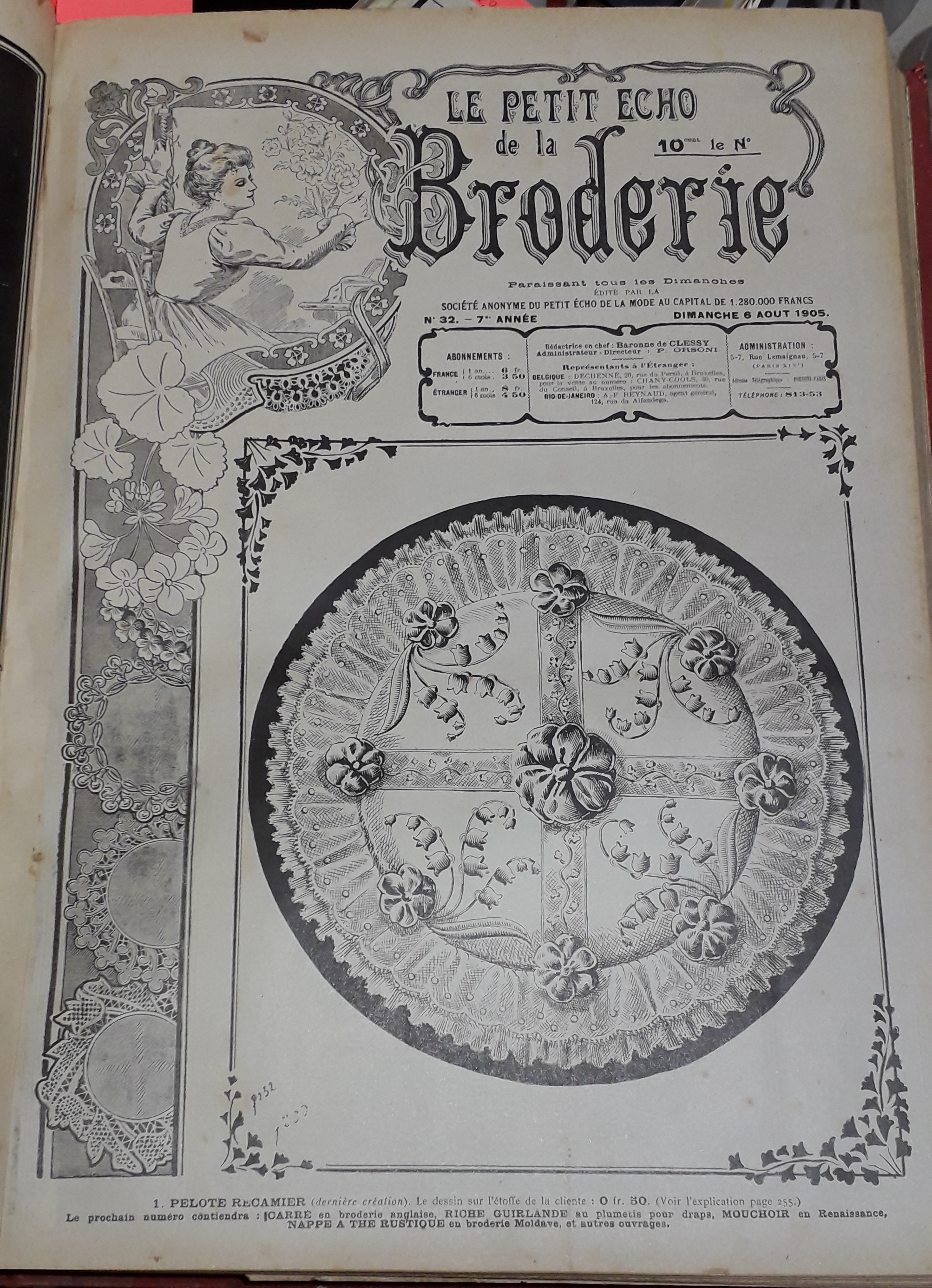 Le Petit Echo de la Broderie, 7e anne, n32 (6 aot 1905) : Pelote riche brode et garnie de dentelle / Empicement en anglaise avec pantalon assorti / Grand volant de jupon en broderie anglaise / Bavoir /...