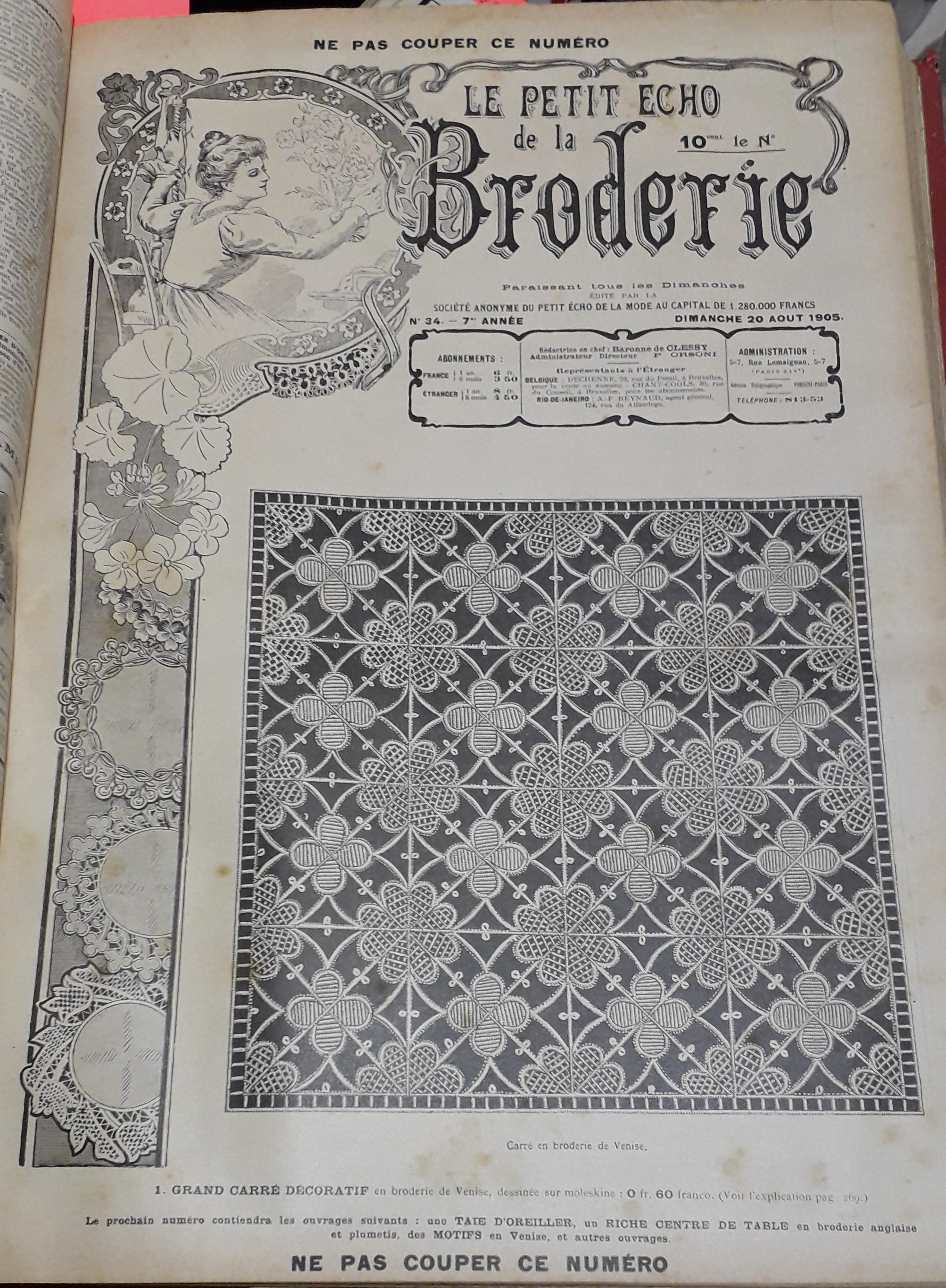 Le Petit Echo de la Broderie, 7e anne, n34 (20 aot 1905) : Grand carr de Venise, dessin d'art / Grand col pour dame en broderie anglaise / Dessus de piano, brod au pass /...