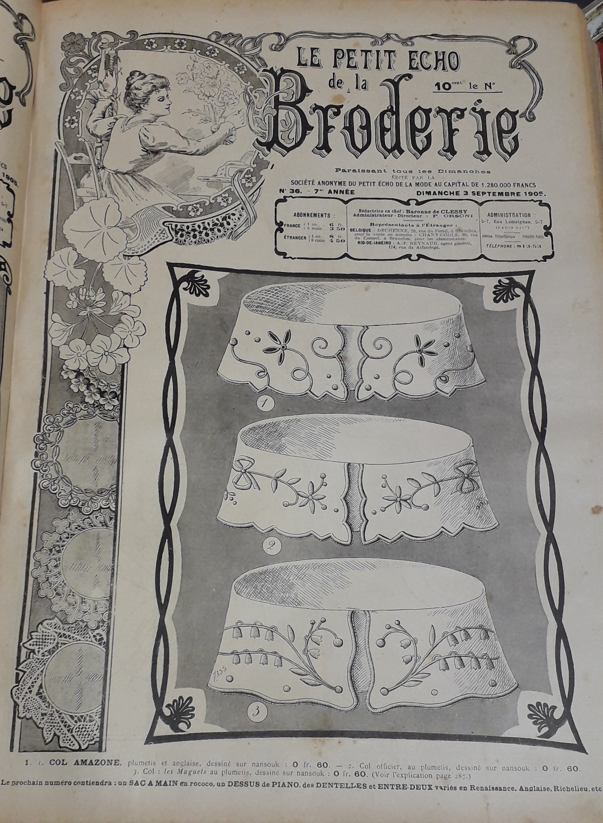 Le Petit Echo de la Broderie, 7e anne, n36 (3 septembre 1905) : Un grand sachet brod au plumetis / Deuxime chaise Louis XVI en tapisserie : les Oeillets / Chemise en Richelieu /...