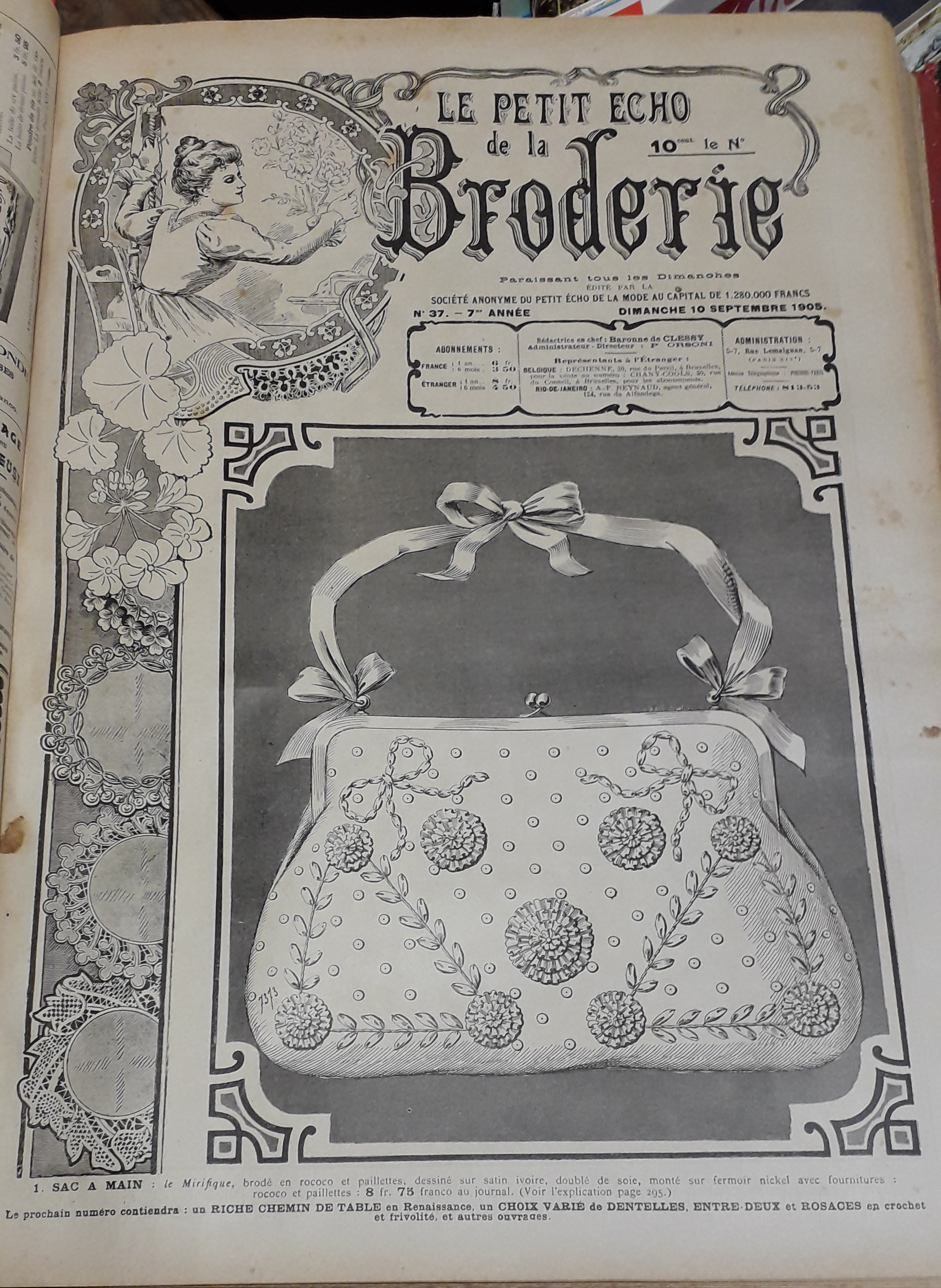 Le Petit Echo de la Broderie, 7e anne, n37 (10 septembre 1905) : Sac  main en rococo / Dessus de piano / Dentelles et entre-deux varis en Renaissance, anglaise, Richelieu, etc/...