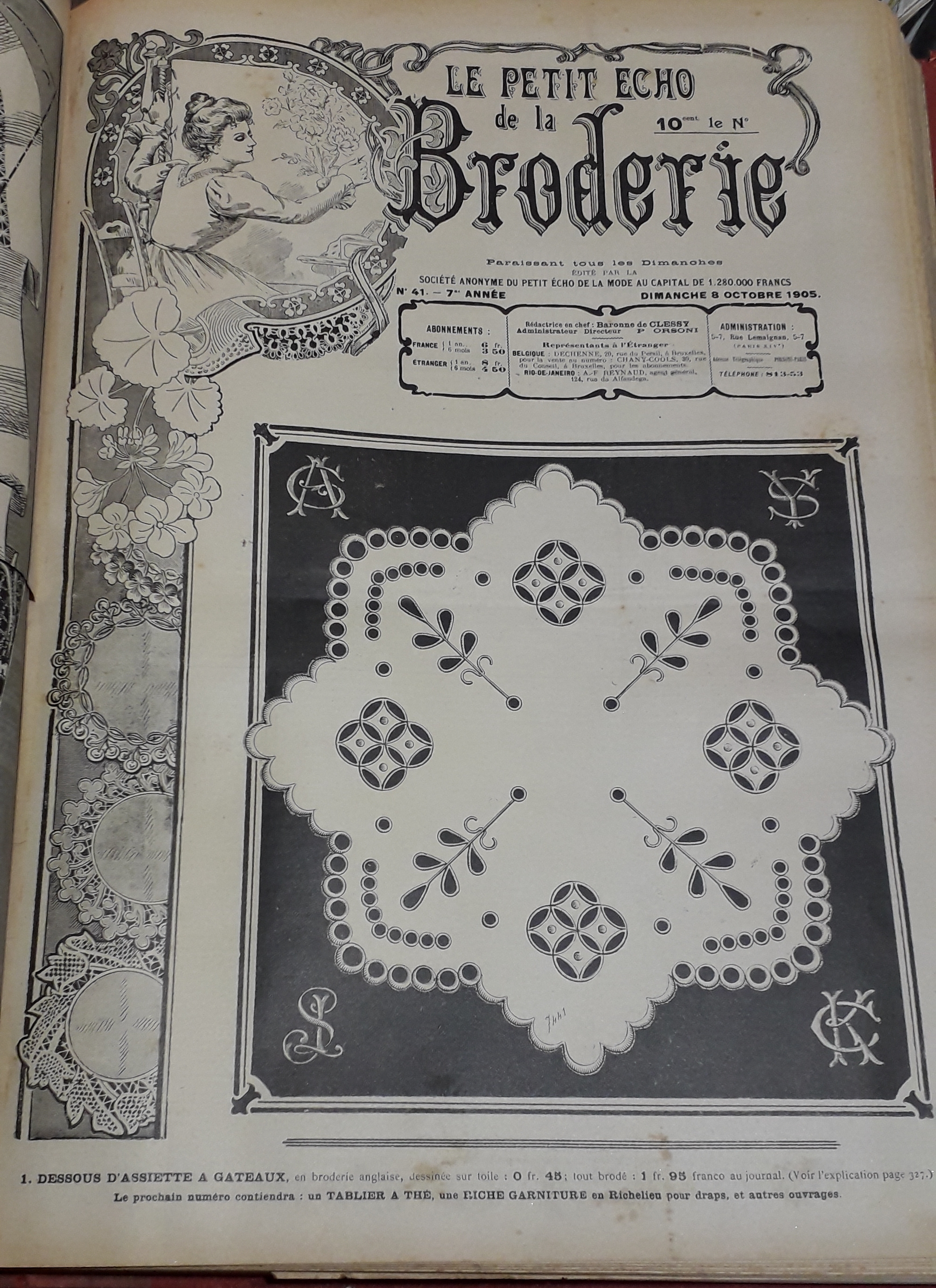 Le Petit Echo de la Broderie, 7e anne, n41 (8 octobre 1905) : Dessous d'assiette  gteau / Mouchoirs / Bandes pour lingerie / ...