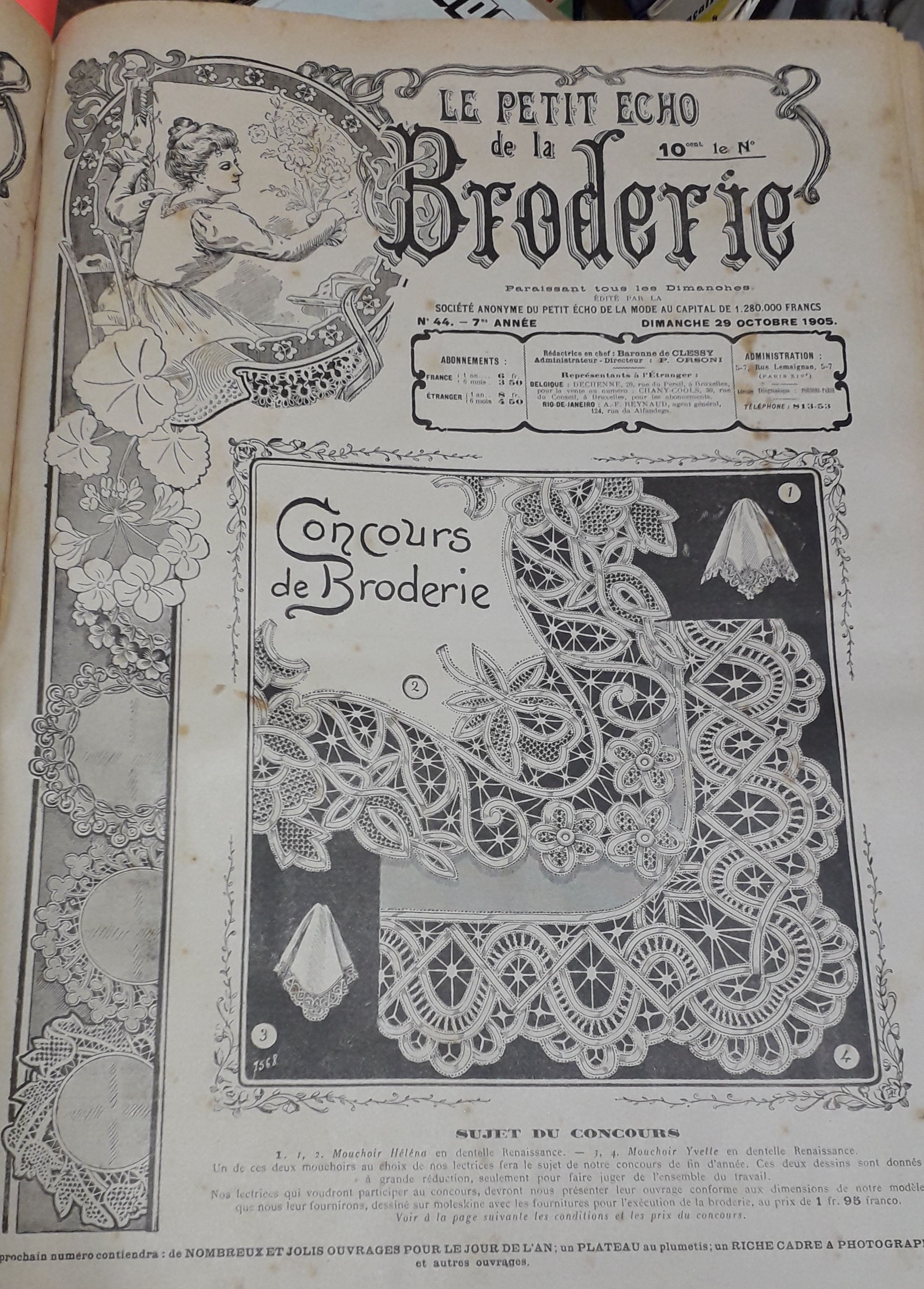 Le Petit Echo de la Broderie, 7e anne, n44 (29 octobre 1905) : Deux jolis mouchoirs en dentelle Renaissance, objet du Concours / Empicement de chemise / Parure pour baby / Col et parements /...