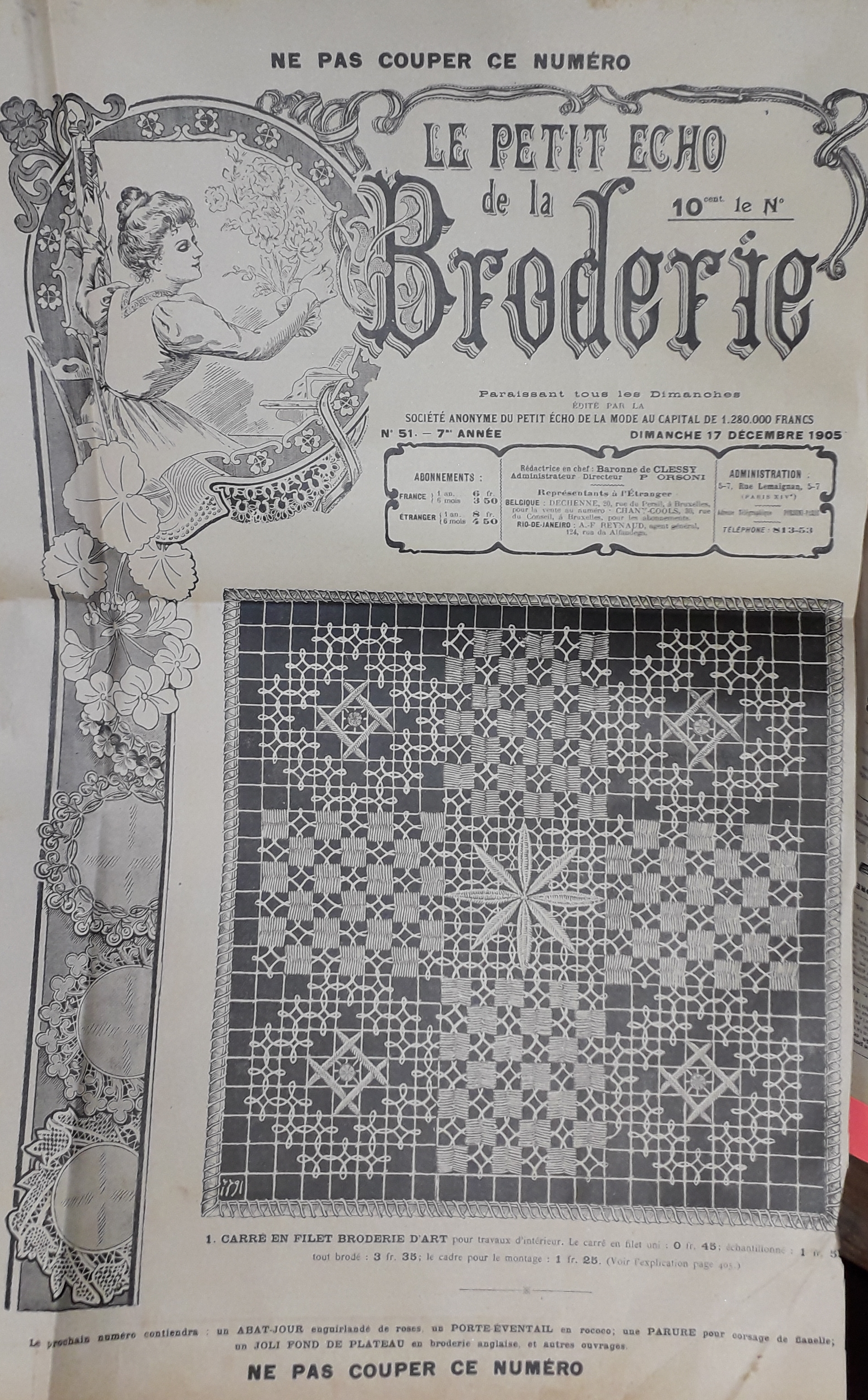Le Petit Echo de la Broderie, 7e anne, n51 (17 dcembre 1905) : Carr en filet brod / Superbe Berthe en dentelle de Bruges / Coins de taies d'oreiller /...