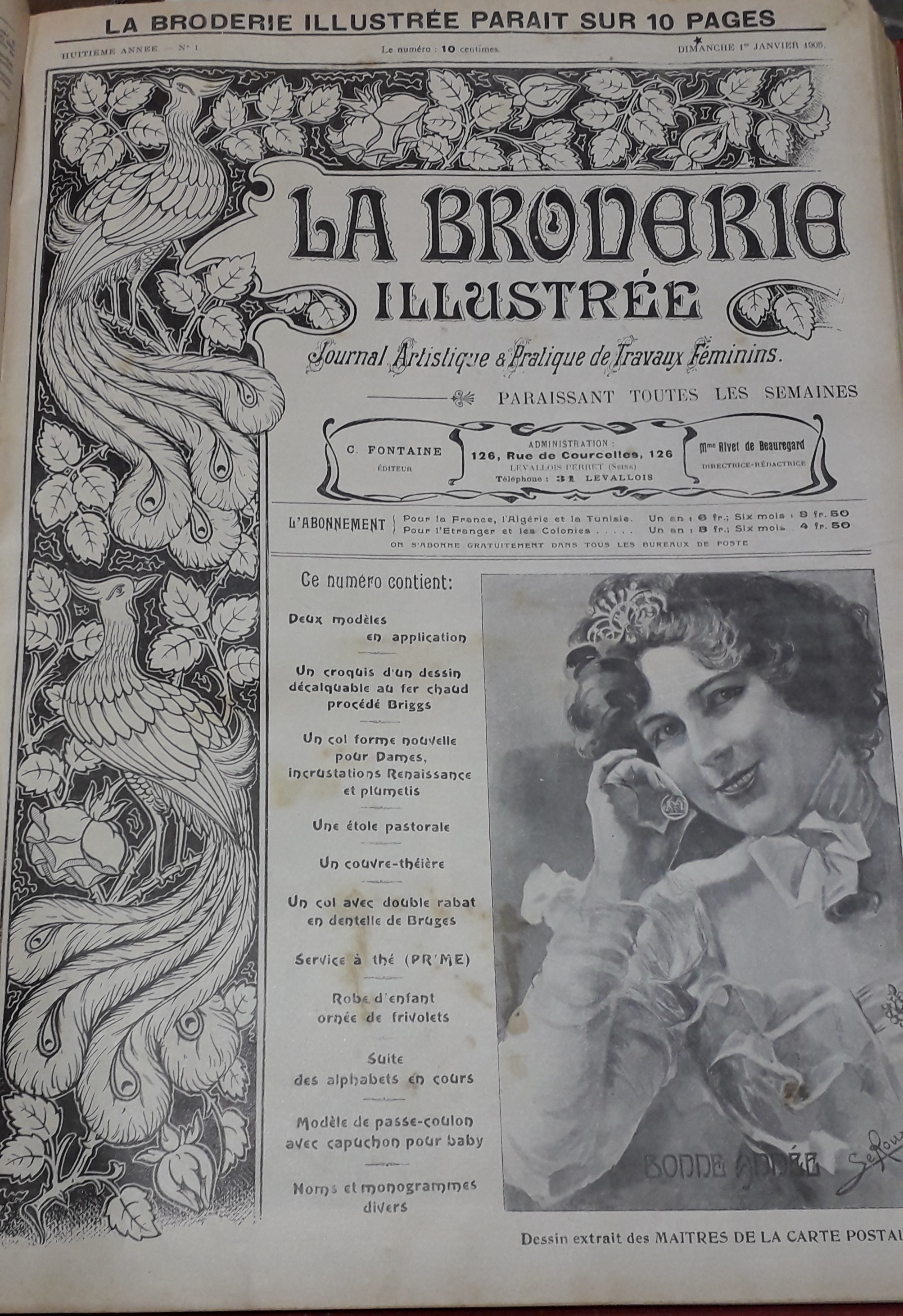 La Broderie Illustre - Journal artistique et pratique de travaux fminins, 8e anne, n1 (1er janvier 1905) : Deux modles en application / Croquis d'un dessin dcalquable au fer chaud, procd Briggs / Un col forme nouvelle pour Dames (...) /...