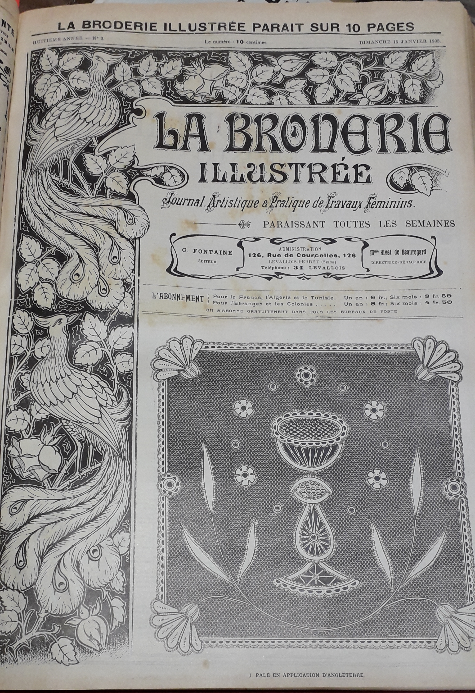 La Broderie Illustre - Journal artistique et pratique de travaux fminins, 8e anne, n3 (15 janvier 1905) : Bonnet grec pour baby / Col pour enfant / Carr en lacets, genre Venise / Corsage bolro, forme nouvelle, en toile ou lainage, orn de broderies