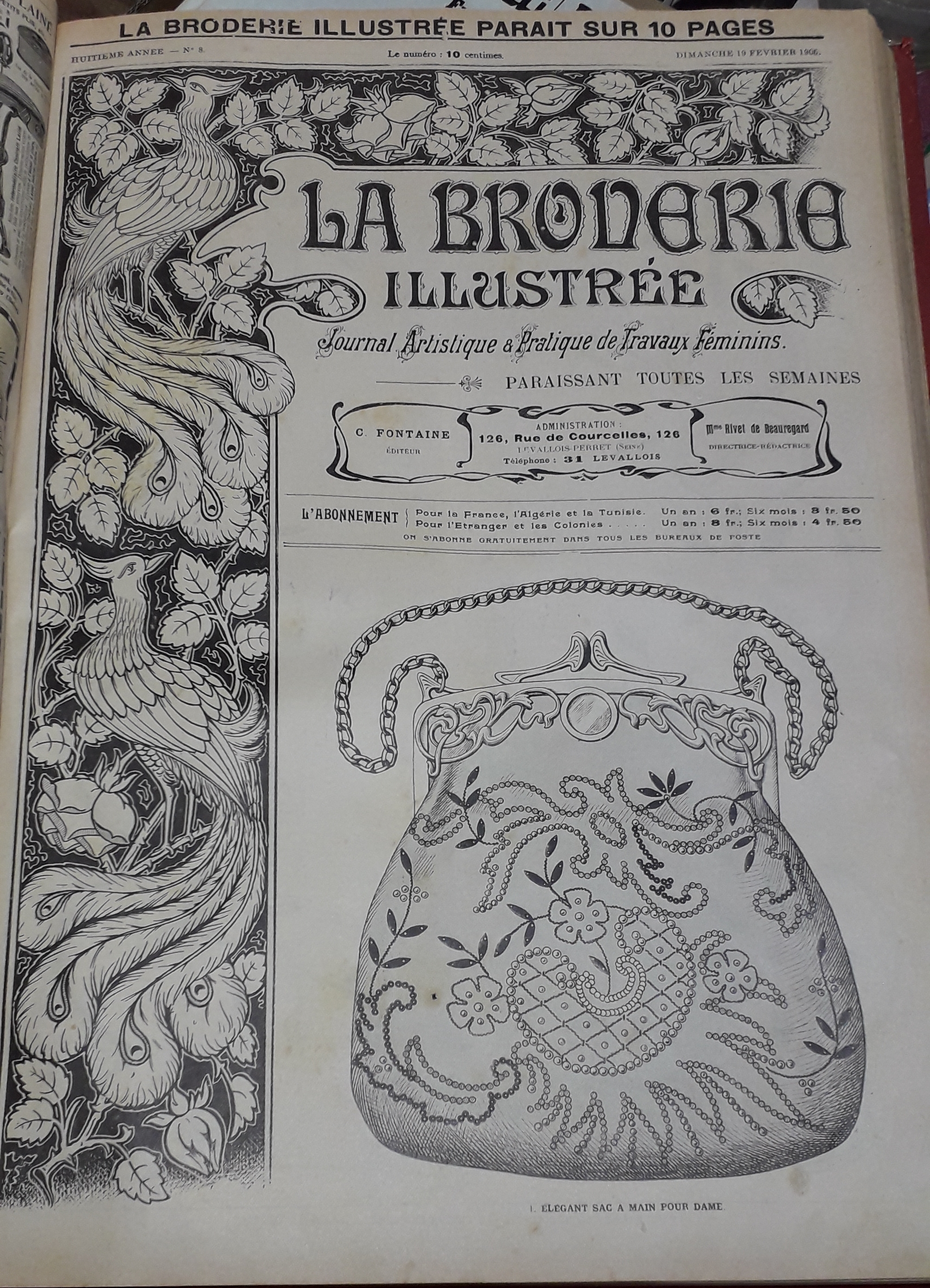 La Broderie Illustre - Journal artistique et pratique de travaux fminins, 8e anne, n8 (19 fvrier 1905) : Elgant sac  main pour dame / Elgant col en frivolit pour fillette de 6  9 ans / Mouchoir en dentelle / Serviette pour intrieur de plateau..