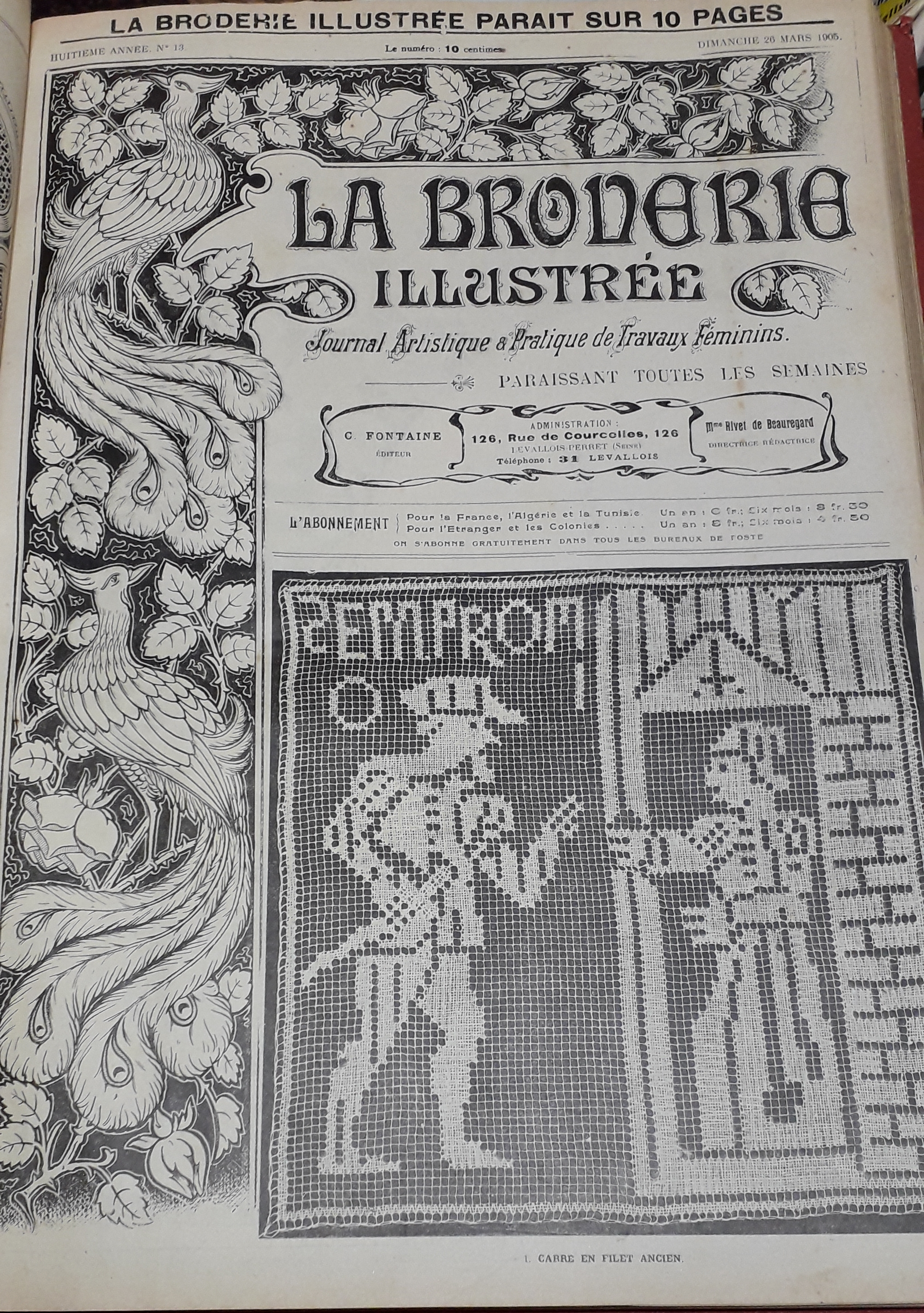 La Broderie Illustre - Journal artistique et pratique de travaux fminins, 8e anne, n13 (26 mars 1905) : Broderie au point de toile sur filet / Abat-jour Rjane en dentelle pour lampe de piano / Chemin de table orb de jours  fils tirs /...