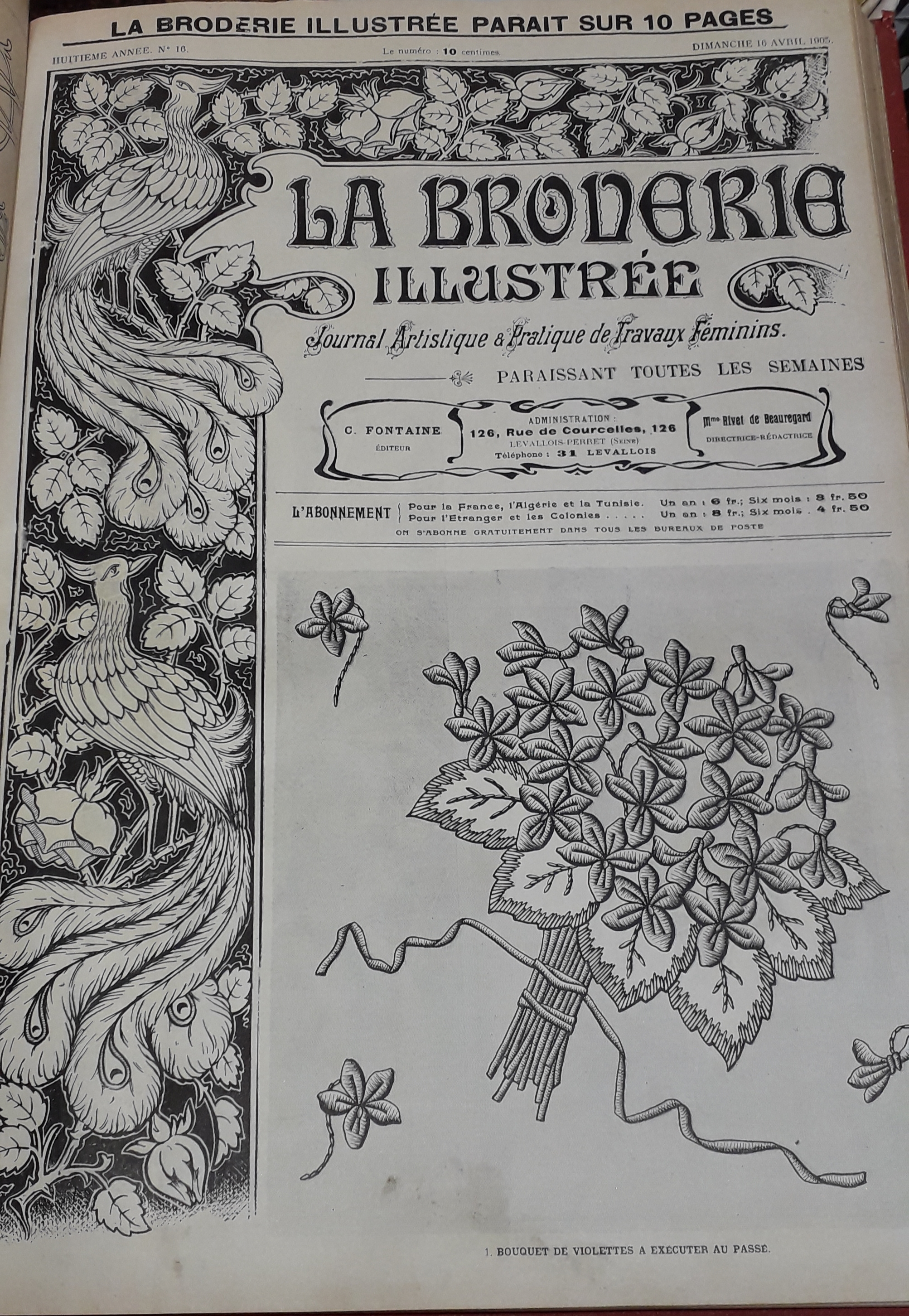 La Broderie Illustre - Journal artistique et pratique de travaux fminins, 8e anne, n16 (16 avril 1905) : Bouquet de violette  excuter au pass / Toilette de jeune femme et jeune fille, broderie sur toffe lgre / Col bavoir en nansouk /...