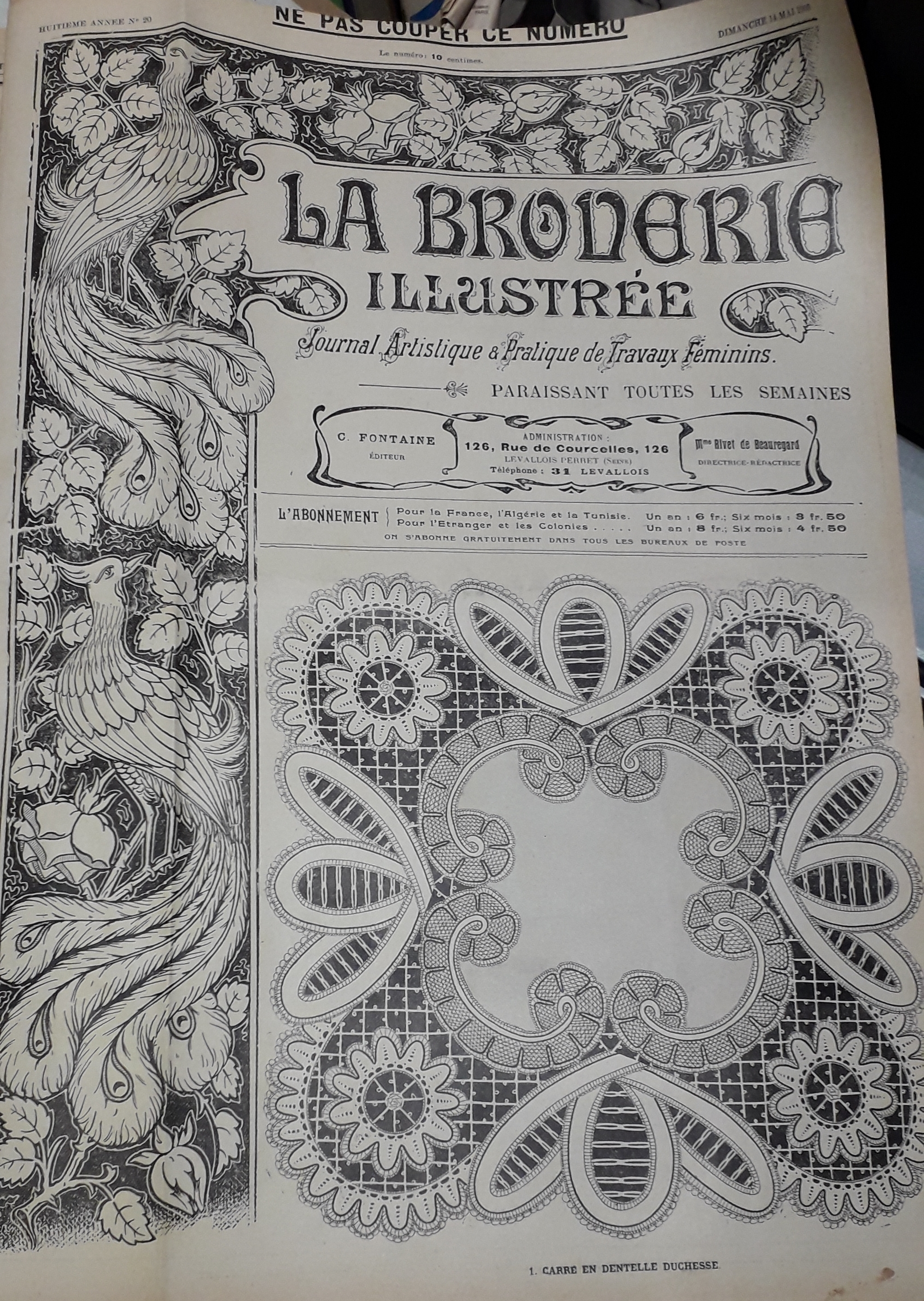 La Broderie Illustre - Journal artistique et pratique de travaux fminins, 8e anne, n20 (14 mai 1905) : Carr en dentelle duchesse / Ombrelle en toile brode / Crosage en broderie Richelieu / Monogramme pour mouchoirs et lingerie /...