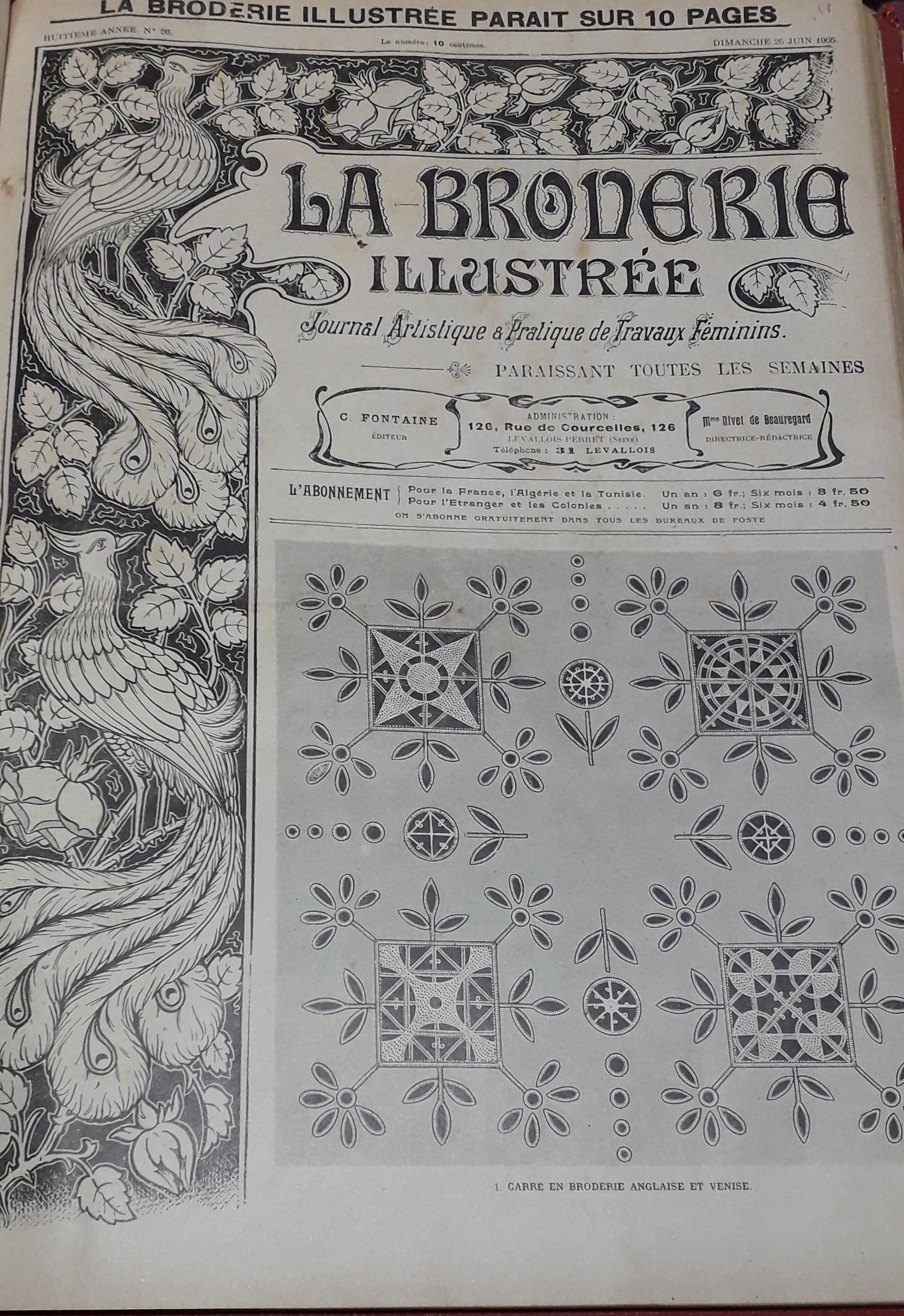 La Broderie Illustre - Journal artistique et pratique de travaux fminins, 8e anne, n26 (25 juin 1905) : Carr en broderie anglaise et Venise / Blouse en linon blanc orne de frivolit crme / Bguin en dentelle de Bruges / Coiffure de baby /...
