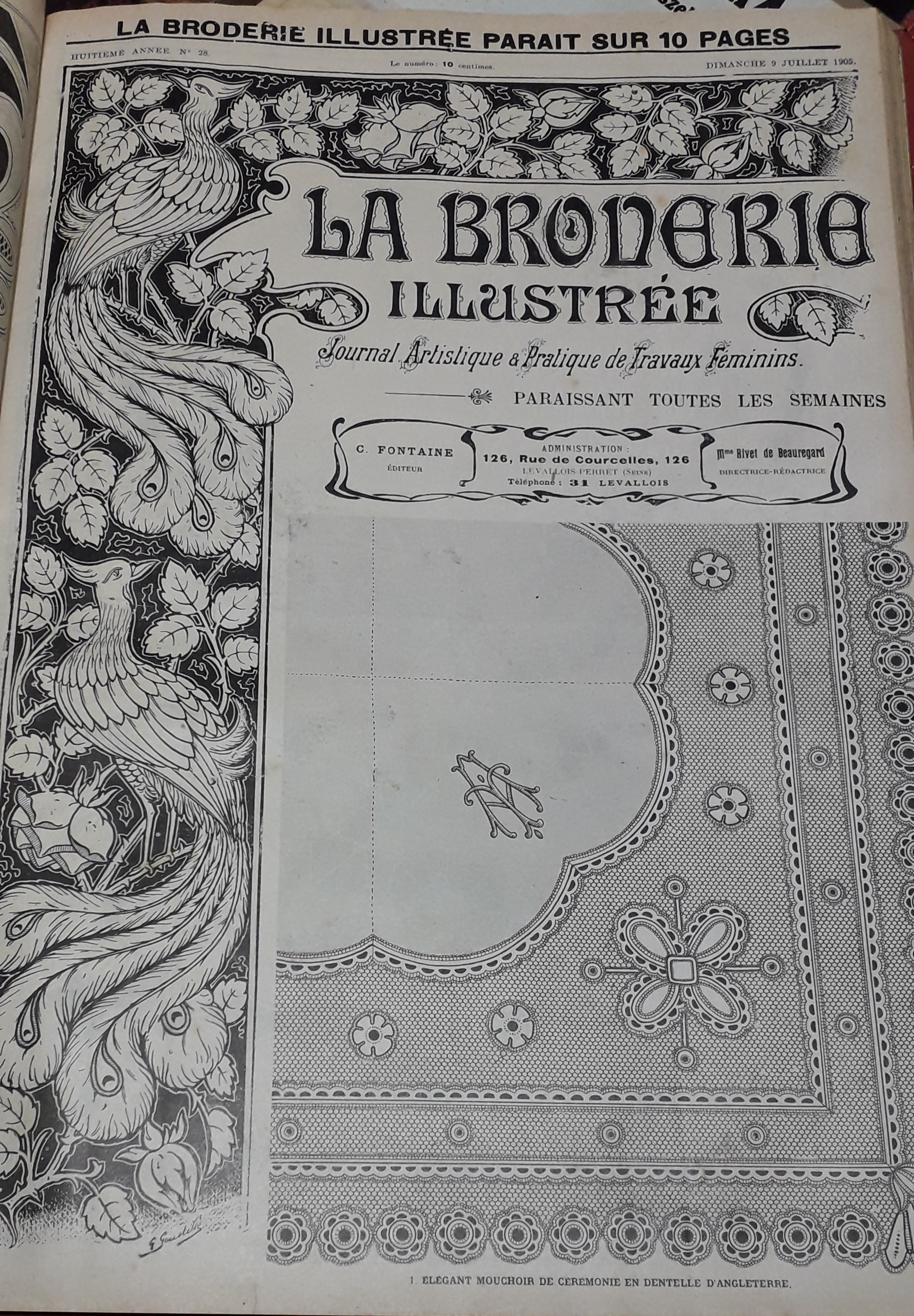 La Broderie Illustre - Journal artistique et pratique de travaux fminins, 8e anne, n28 (9 juillet 1905) : Elgant mouchoir de crmonie en dentelle d'Angleterre / Dessin de pelote en dentelle d'Irlande / Rond pour garniture de table / ...