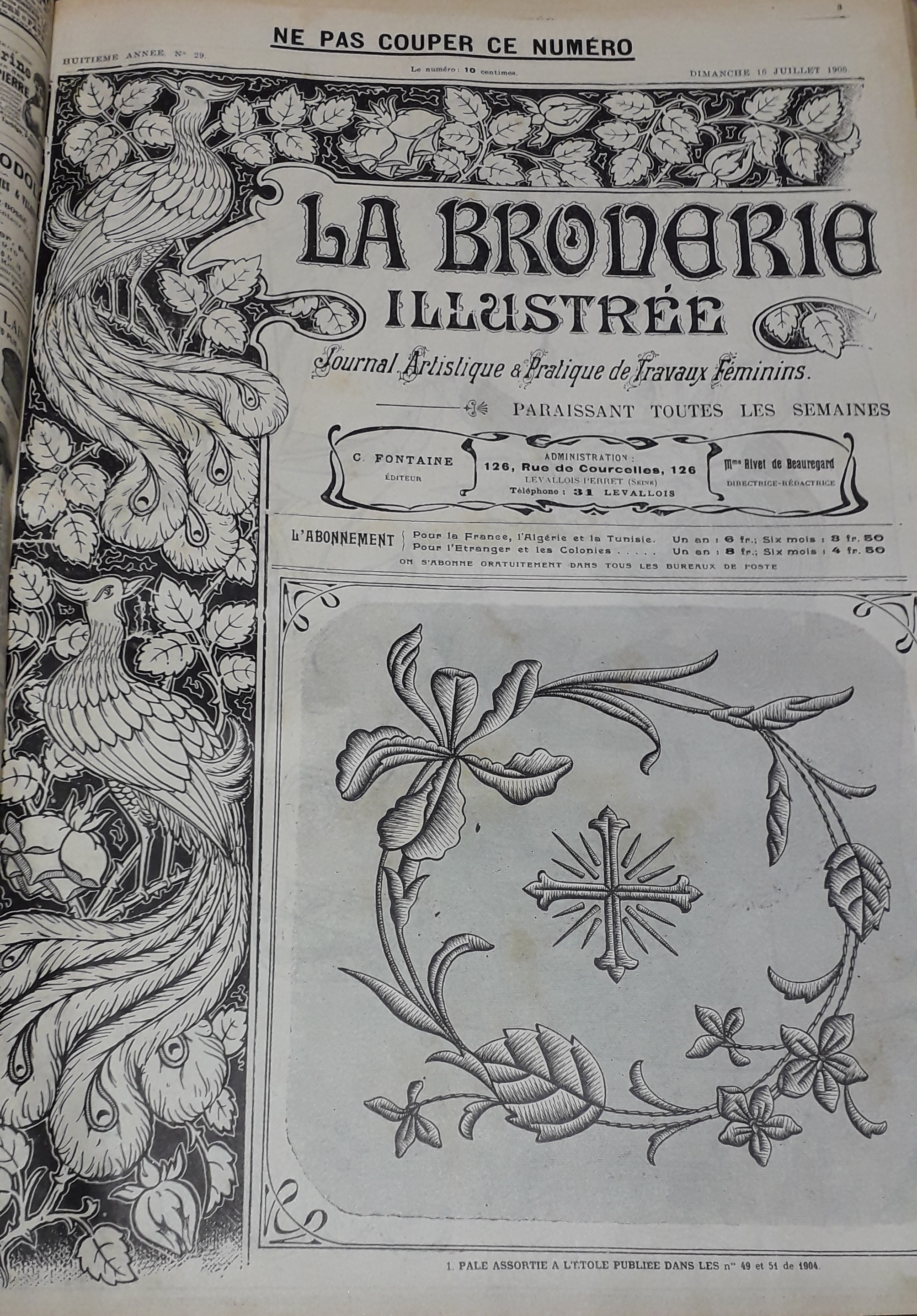 La Broderie Illustre - Journal artistique et pratique de travaux fminins, 8e anne, n29 (16 juillet 1905) : Motif  excuter  la plume pour sachet  mouchoirs / Deux valises pour voyage, en toile cossaise brode / Feston et pois pour lingerie /...