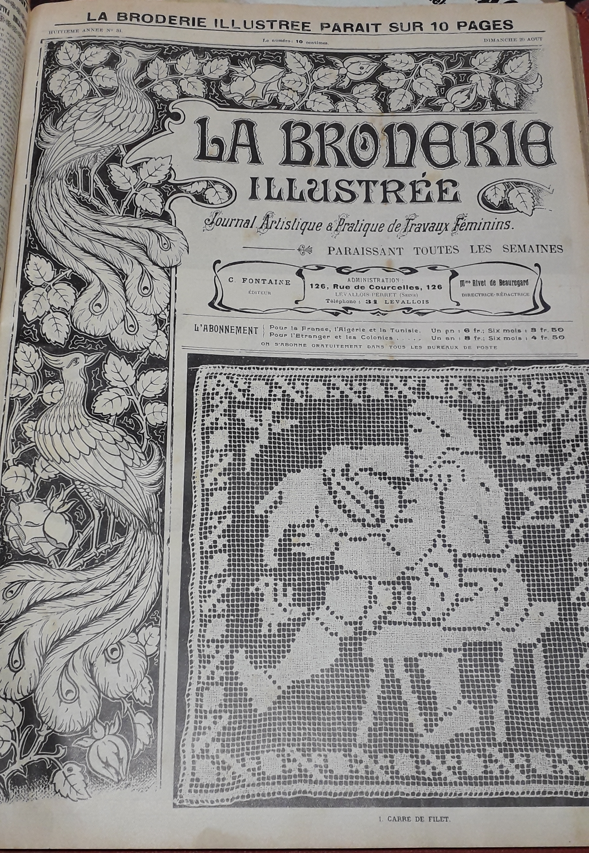 La Broderie Illustre - Journal artistique et pratique de travaux fminins, 8e anne, n34 (20 aot 1905) : Carr de filet / Dessous de ravier  tomates et saucisson / Deux carrs en guipure antique sur filet / Volant en dentelle Renaissance /...