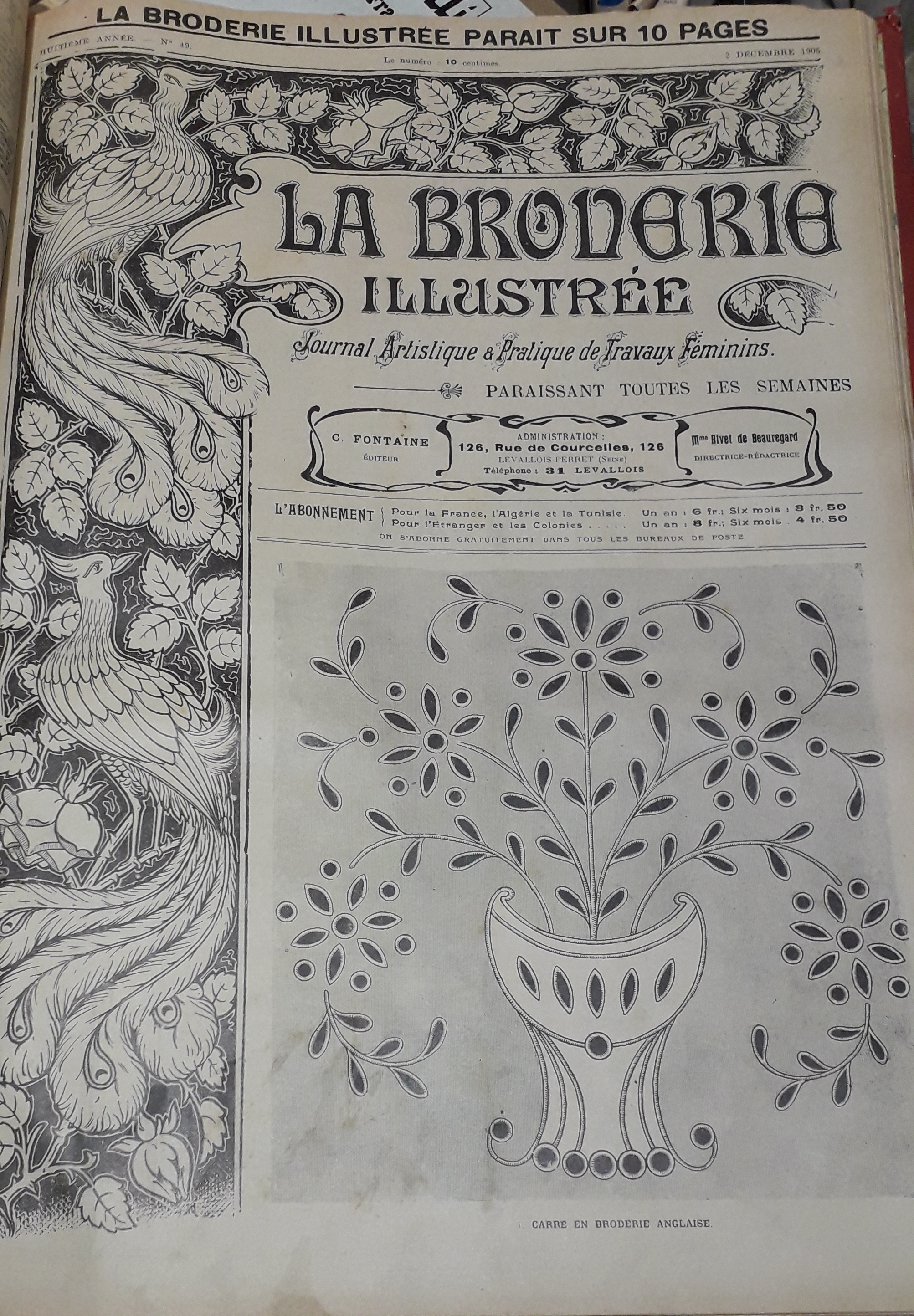 La Broderie Illustre - Journal artistique et pratique de travaux fminins, 8e anne, n49 (3 dcembre 1905) : Carr en broderie anglaise / Etole en grosse chenille / Alphabet pour linge de table / Jet de canap pompadour rayures vert clair /...