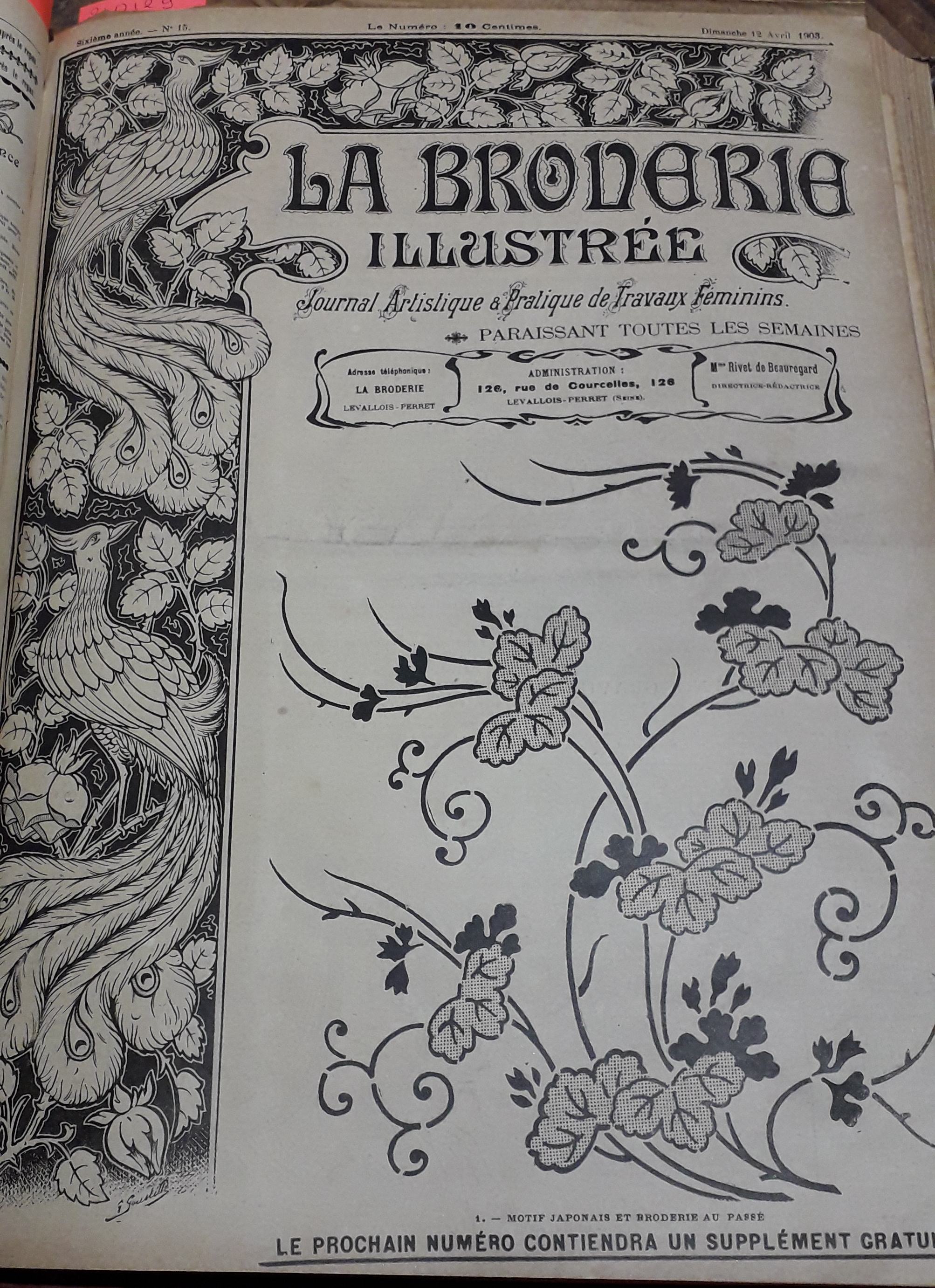 La Broderie Illustre - Journal artistique et pratique de travaux fminins, 6e anne, n15 (12 avril 1903) : Motif japonais et broderie au pass / Dentelle de Venise / Broderie anglaise ou plumetis pour draps / Col en dentelle pour enfant de 1  3 ans /..
