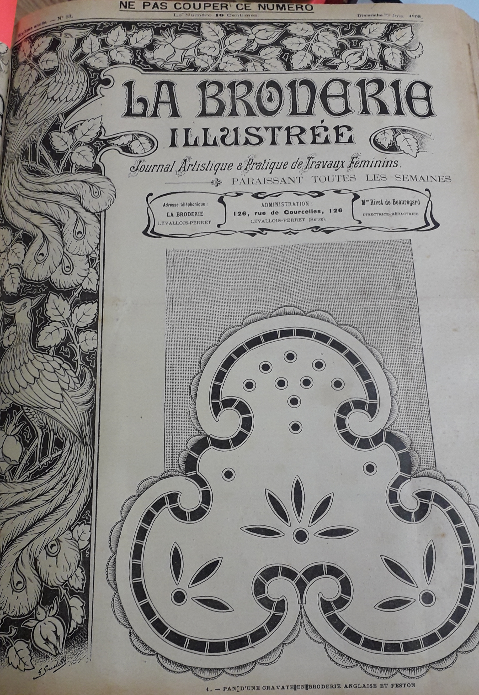 La Broderie Illustre - Journal artistique et pratique de travaux fminins, 6e anne, n23 (7 juin 1903) : Pan d'une cravate anglaise en broderie et feston / Deux petits carrs en dentelle de Venise / Trousse  ouvrage en toile pour voyager / ...