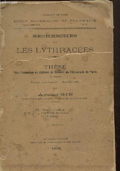 Thèse : Recherches sur les lythracées - Université de Paris, Ecole supérieure de pharmacie