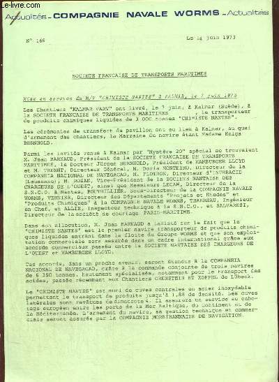 Compagnie Navale Worms - Actualits, n166 (14 juin 1973) : Socit malgache de transports maritimes / 