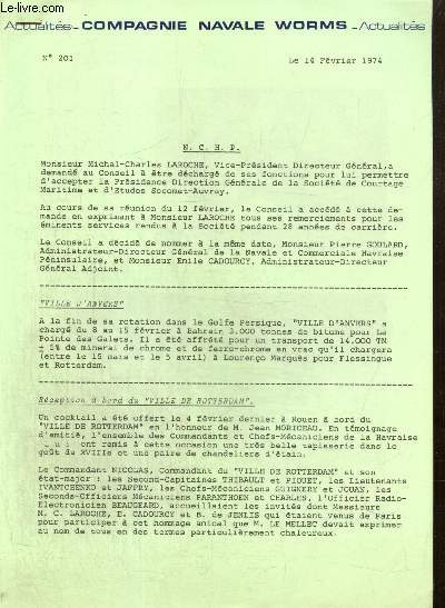 Compagnie Navale Worms - Actualits, n201 (14 fvrier 1974) : Rception  bord du 