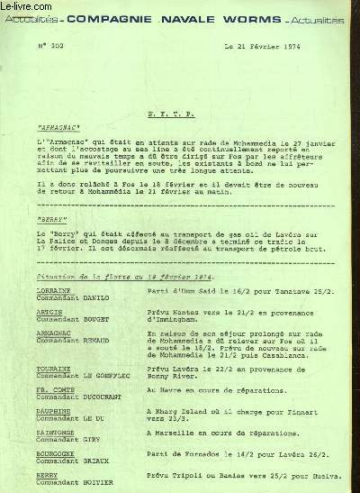 Compagnie Navale Worms - Actualits, n202 (21 fvrier 1974) : Situation de la flotte au 19 fvrier 1974 / Le 