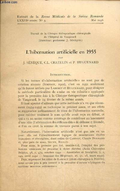 L'hibernation artificielle en 1955 - Article extrait de la Revue Mdicale de la Suisse Romande