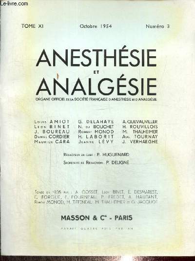 Anesthsie et analgsie, tome XI, n3 (octobre 1954) : L'hydergine en neuro-chirurgie (L. Campan et G. Lazorthes)