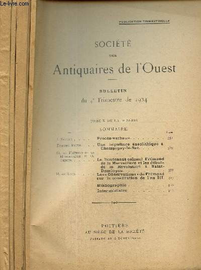 Bulletin de la Socit des Antiquaires de l'Ouest - 1934 (anne complte) - Tome X de la 3e srie