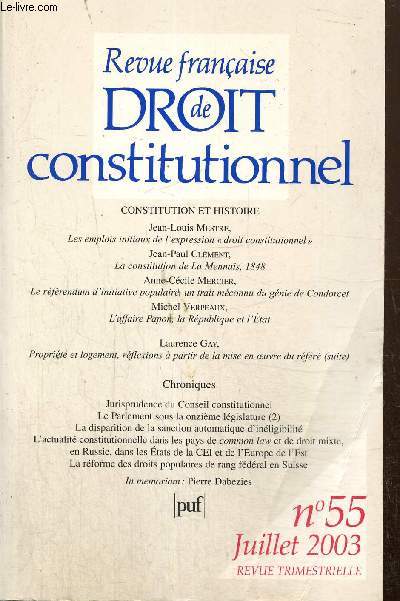 Revue franaise de droit constitutionnel, n55 (juillet 2003) : Les emplois initiaux de l'expression 