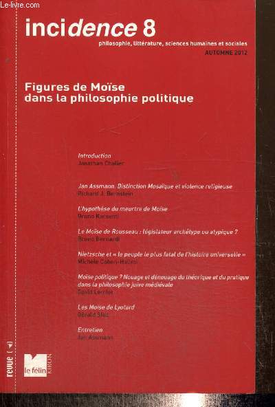 Incidence, n8 (automne 2012) - Figures de Mose dans la philosophie politique - L'hypothse du meurtre de Mose (Bruno Karsenti) / Les Mose de Lyotard (Grald Sfez) / Nietzsche et 