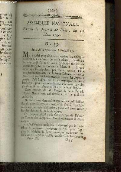 Extrait du Journal de Paris, du 14 Mars 1790 - N53 - Affaire du Prvt de Marseille (suite) - Rapport du Mmoire de M. Necker par le Marquis de Montesquiou, sur la faon de trouver des fonds