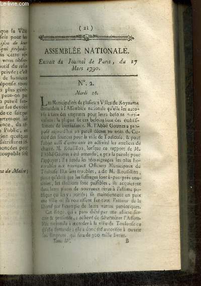 Extrait du Journal de Paris, du 17 Mars 1790 - N2 - Les Municipalits de plusieurs Villes du Royaume demandent  l'Assemble nationale qu'elle les autorise  faire des emprunts pour leurs besoins particuliers (oeuvres de bienfaisance) - Gabelle