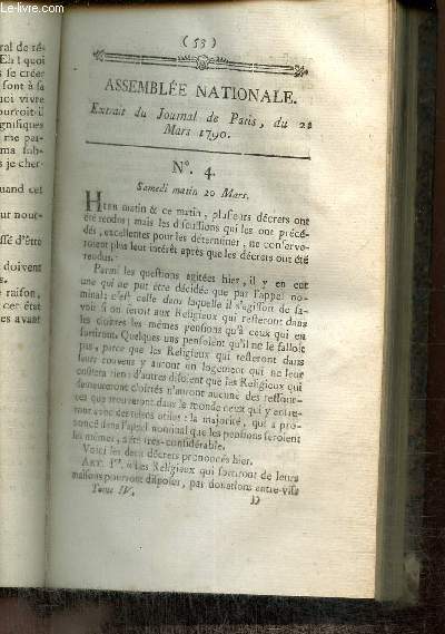Extrait du Journal de Paris, du 21 Mars 1790 - N4 - Discussion sur les Religieux dans les Clotres et couvents