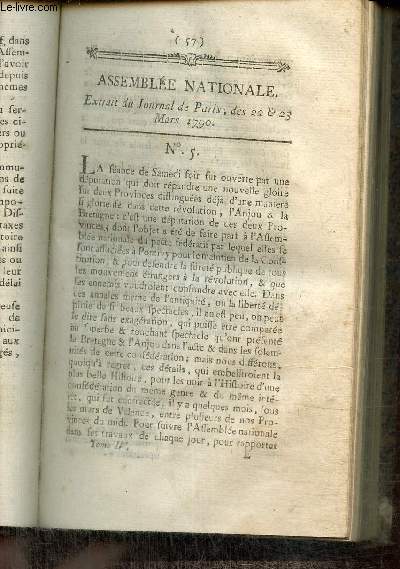 Extrait du Journal de Paris, des 22 & 23 Mars 1790 - N5 - Adoption de dcrets sur les biens ecclsiastiques, la gabelle, les lettres de cachet et l'artisanat