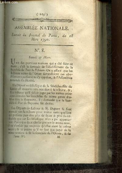 Extrait du Journal de Paris, du 28 Mars 1790 - N8 - Abolissement de la franchise du Port de l'Orient - Plan de finances par M. Ption de Villeneuve