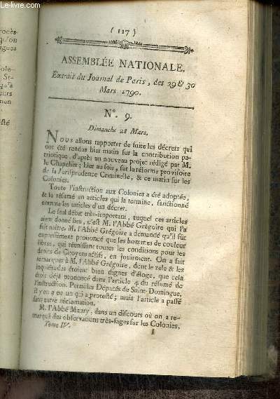 Extrait du Journal de Paris, des 29 & 30 Mars 1790 - N9 - Dcrets sur la contribution patriotique, la rforme provisoire de la Jurisprudence Criminelle et sur les Colonies - Assembles de Districts et Dpartements