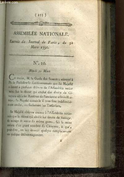 Extrait du Journal de Paris, du 31 Mars 1790 - N10 - Sanctionnement du Roi sur plusieurs dcrets de l'Assemble Nationale - Projet de Dcret de M. du Port sur l'ordre judiciaire