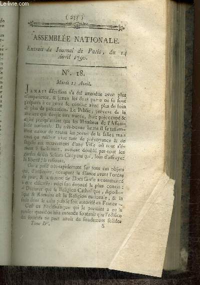 Extrait du Journal de Paris, du 14 Avril 1790 - N18 - Motion pour dclarer la Religion Catholique, Aspotolique et Romaine soit la religion nationale et la seule dont le culte public soit autoris